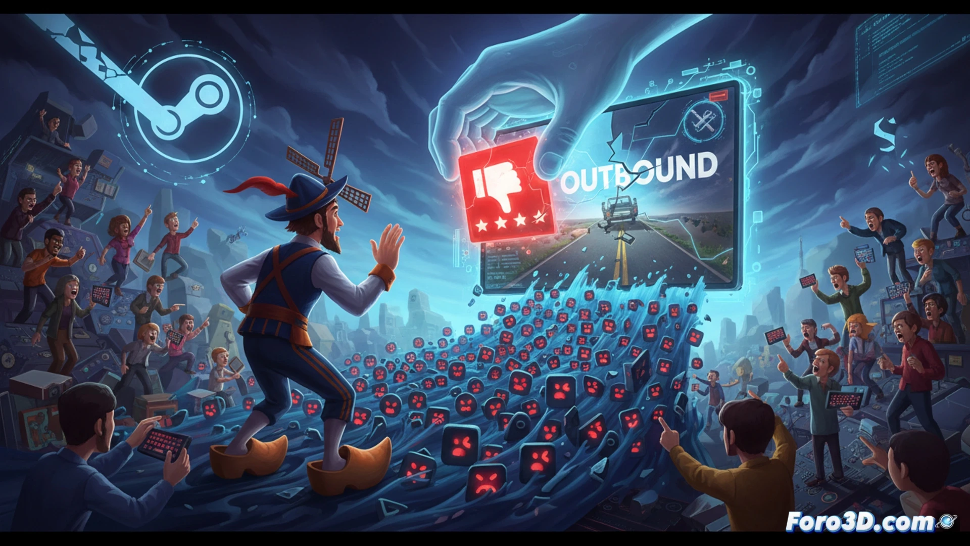 Un desarrollador con laptop ruega a un usuario de Steam que borre su reseña negativa, mientras una avalancha de reseñas rojas cae sobre el juego Outbound, ilustrando el efecto Streisand.