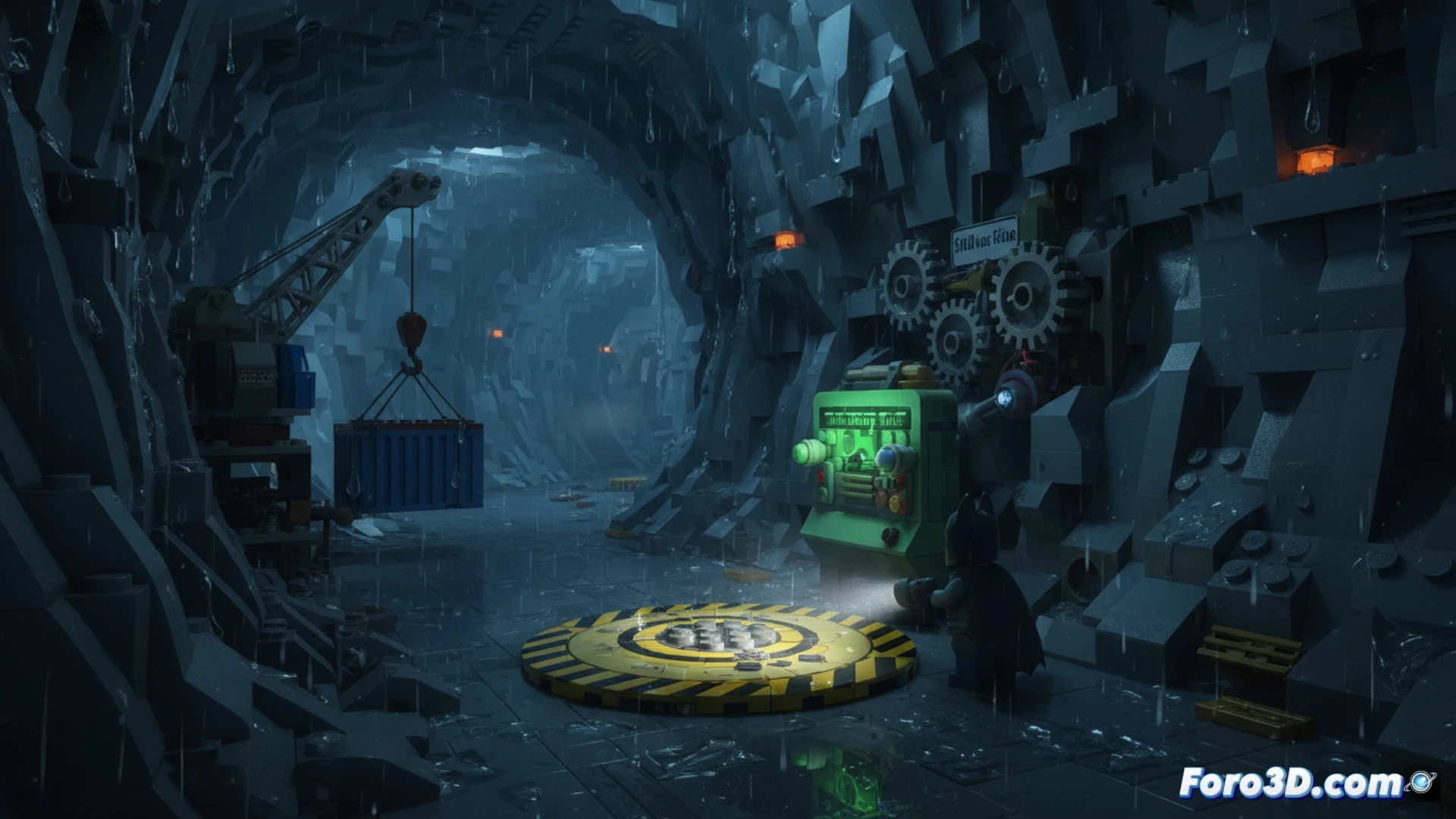Gotham City subway tunnel interior, LEGO brick-built station The Cauldron South, broken crane mechanism hanging idle above a blue shipping container blocking the entrance, player character Batman standing at the right corner of the tunnel, pressing a hidden activation switch on the wall, yellow sparks emitting from the switch, glowing arrows showing the correct path, cinematic technical illustration, dark blue and grey industrial tones, dramatic underground lighting, dusty air particles, photorealistic engineering visualization, action demonstrating the puzzle-solving process