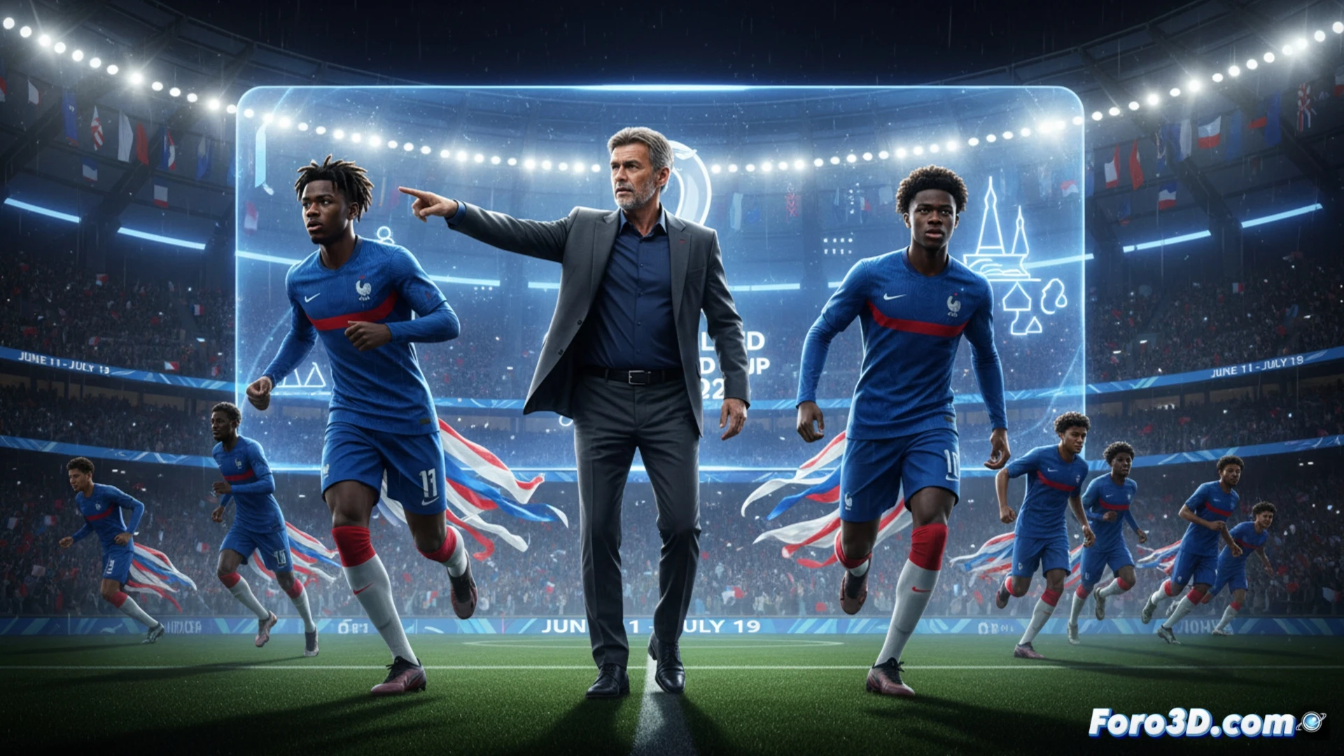 France national football team tactical formation on a digital tactical board, young players Mathys Tel and Warren Zaire-Emery shown as glowing blue icons sprinting forward past static red veteran icons, tactical arrows indicating fast vertical transitions and counter-attack routes, coach Didier Deschamps silhouette pointing at the formation, split-screen showing a stadium map of USA-Canada-Mexico with tournament dates, cinematic sports analytics visualization, dark control room lighting with holographic tactical overlays, photorealistic technical render, motion blur on player movement lines, high-tech coaching interface with data streams