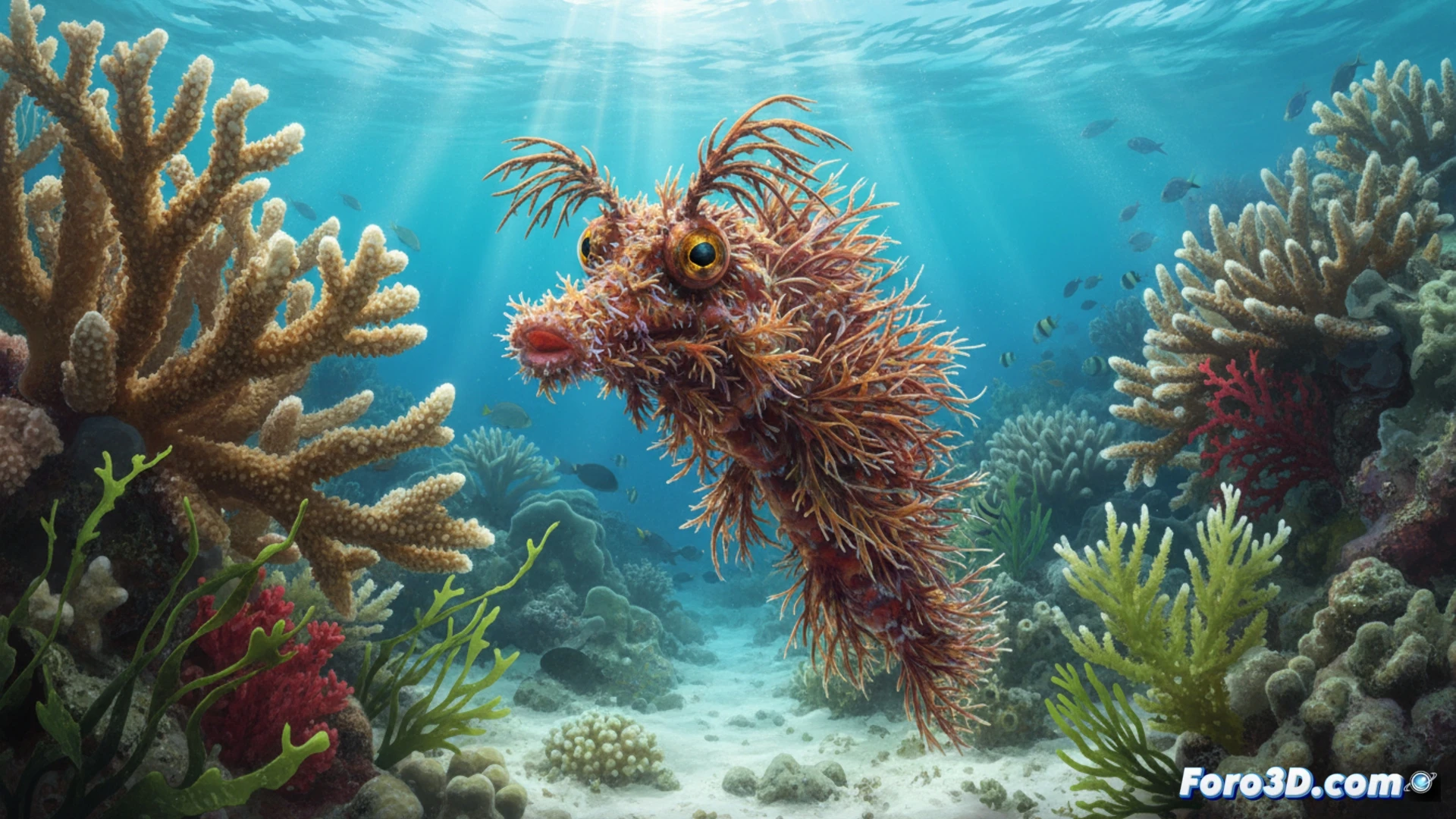 Underwater macro scene showing a Solenostomus snuffleupagus floating near a coral wall, its elongated snout and feathered appendages mimicking algae, a diver’s gloved hand holding a measurement scale beside the fish while bubbles drift upward, photorealistic marine biology illustration, dappled sunlight filtering through the water, soft blue-green ambient light, intricate texture of the fish’s skin resembling plant matter, coral branches and sea fans in the background, calm water, high detail on the fish’s camouflage and fin structure, cinematic underwater photography style