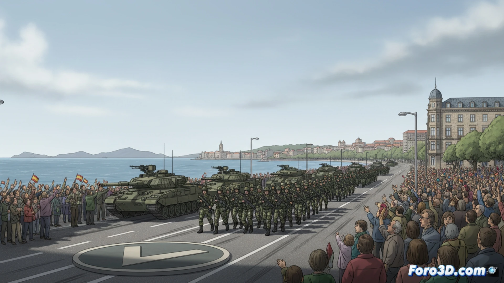 desfile militar en calle urbana de Vigo, soldados marchando en formación perfecta bajo cielo nublado gris, público expectante mirando hacia arriba con expresiones de decepción, ausencia total de aviones en el cielo vacío, banderas ondeando lentamente sin viento de hélices, vehículos blindados terrestres en fila estática, tanques ligeros con cañones apuntando al suelo, sin paracaídas ni humo aéreo, contraste entre el rigor militar y la ausencia de espectáculo aéreo, fotografía técnica documental, luz natural difusa de día nublado, texturas de asfalto mojado y uniformes verdes, composición simétrica con calles vacías hacia el horizonte, estilo cinematográfico realista, alta definición