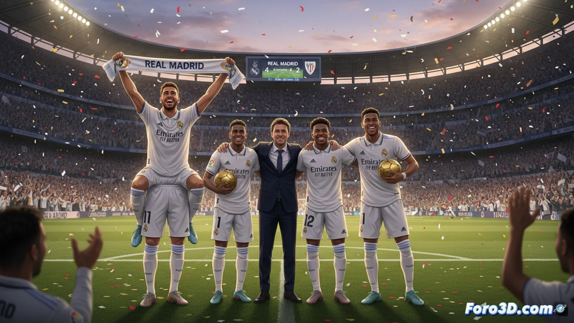 Real Madrid vs Athletic Club football match, defensive players jogging slowly while Mbappé scores a goal, low defensive intensity, Dani Carvajal waving goodbye to fans from the sideline, Valverde standing alone near the technical area, empty stands with banner tributes, cinematic sports photography style, golden evening stadium lighting, green grass with shadow patterns, photorealistic match action scene, emotional farewell atmosphere, soft motion blur on running players