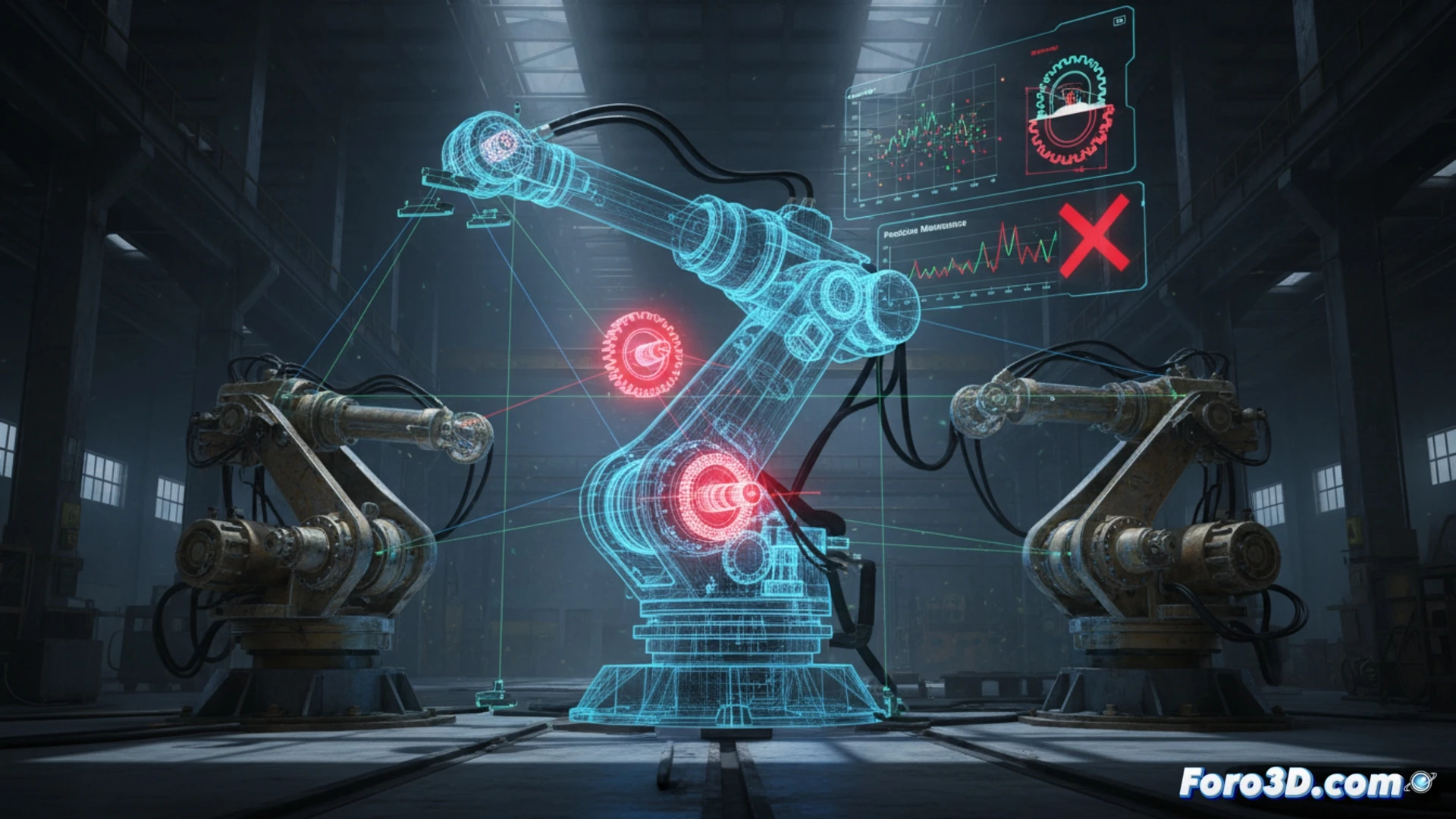 Simulación 3D de maquinaria industrial con detección de componentes anómalos en gemelo digital para mantenimiento predictivo