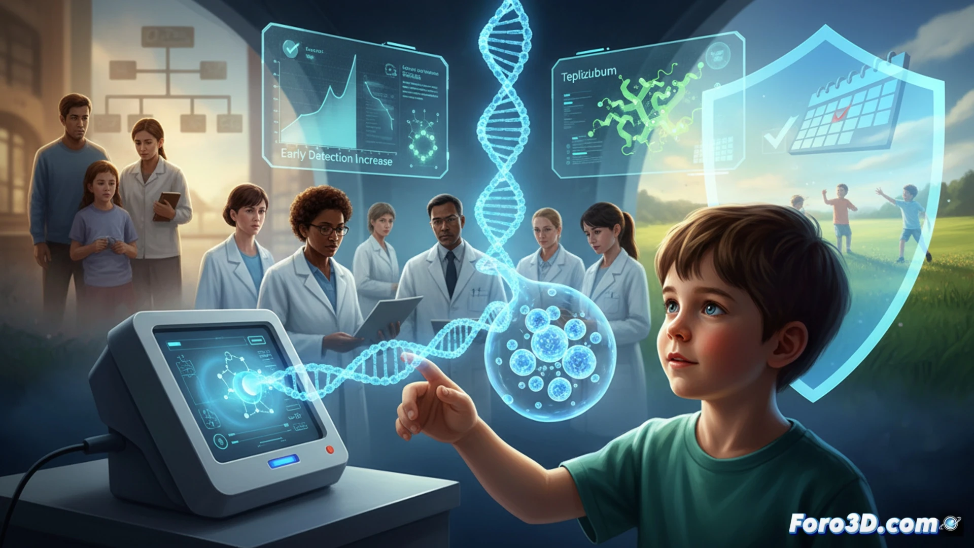pediatric blood sample being processed in automated laboratory analyzer, robotic arm handling multiwell plate with fluorescent antibody markers, microscope view showing islet autoantibody binding activity on screen, clinical researcher monitoring real-time data dashboard, cinematic photorealistic medical illustration, cool blue clinical lighting, glowing red detection signals indicating positive early-stage type 1 diabetes markers, clean stainless steel equipment, high-tech diagnostic workflow in action