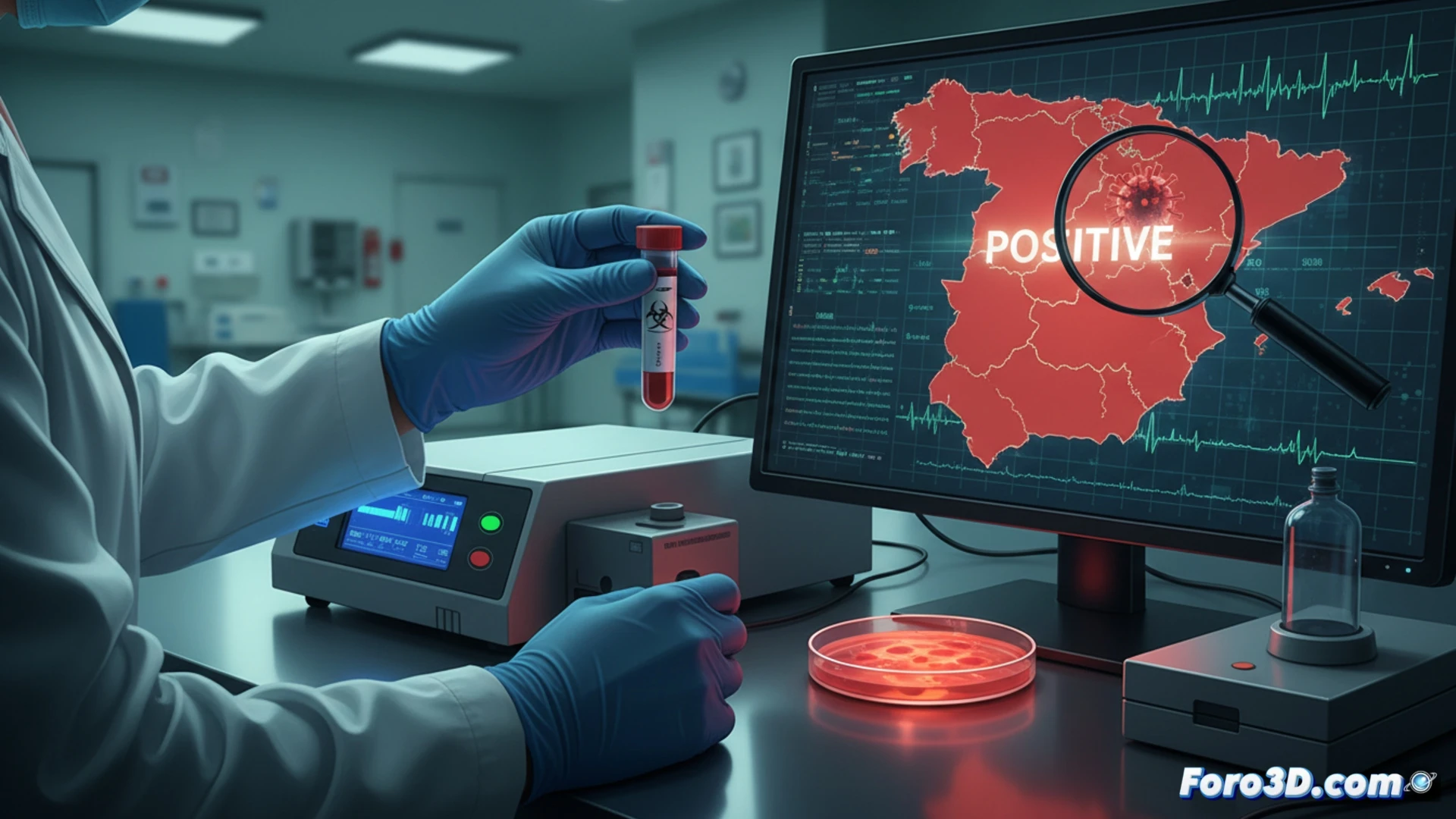 Un mapa de España con foco rojo en Ávila, junto a un microscopio y un tubo de PCR positivo, simbolizando el primer caso de hantavirus.