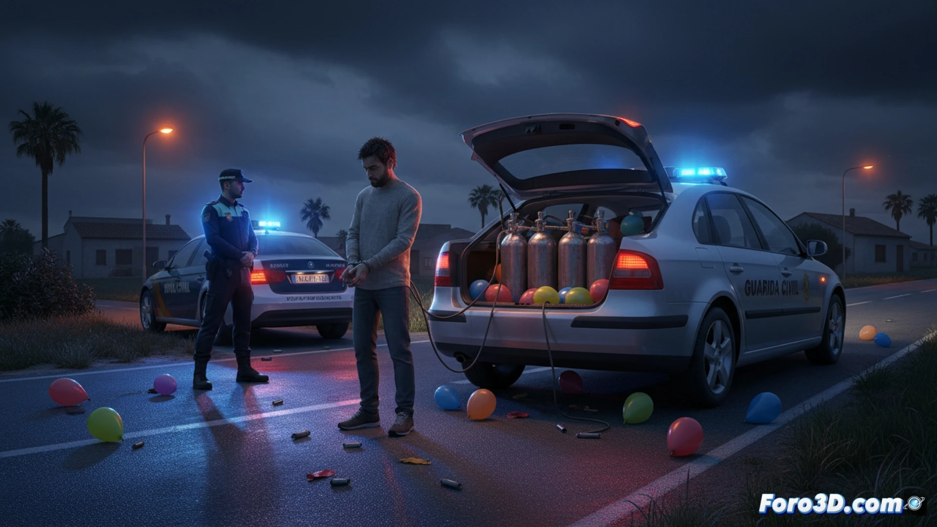 midnight highway checkpoint, Guardia Civil officers inspecting a compact car, blue and red emergency lights illuminating the scene, one officer holding a transparent balloon filled with gas, another officer opening the passenger door revealing multiple metallic canisters labeled with technical symbols for nitrous oxide, balloons scattered on the car seat, forensic gloves and evidence bags visible, dramatic low-angle shot, cinematic photorealistic style, high contrast lighting, reflective wet asphalt, hyperdetailed vehicle interior and uniform textures, tense action moment during evidence seizure