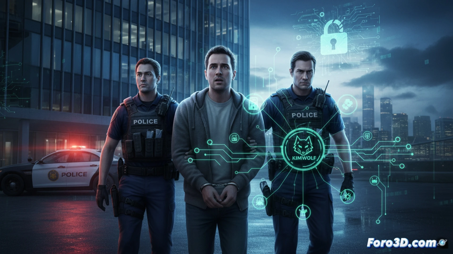 dark server room interior, hooded figure being handcuffed by law enforcement officer, glowing monitor displaying Kimwolf botnet control panel with network traffic graphs and DDoS attack maps, seized laptop on desk with command-line interface visible, cables and server racks in background, cinematic photorealistic technical illustration, dramatic blue and red lighting, high contrast shadows, realistic hardware details, action moment of arrest during active cyber operation, forensic evidence markers on equipment, ultra-detailed electronic components