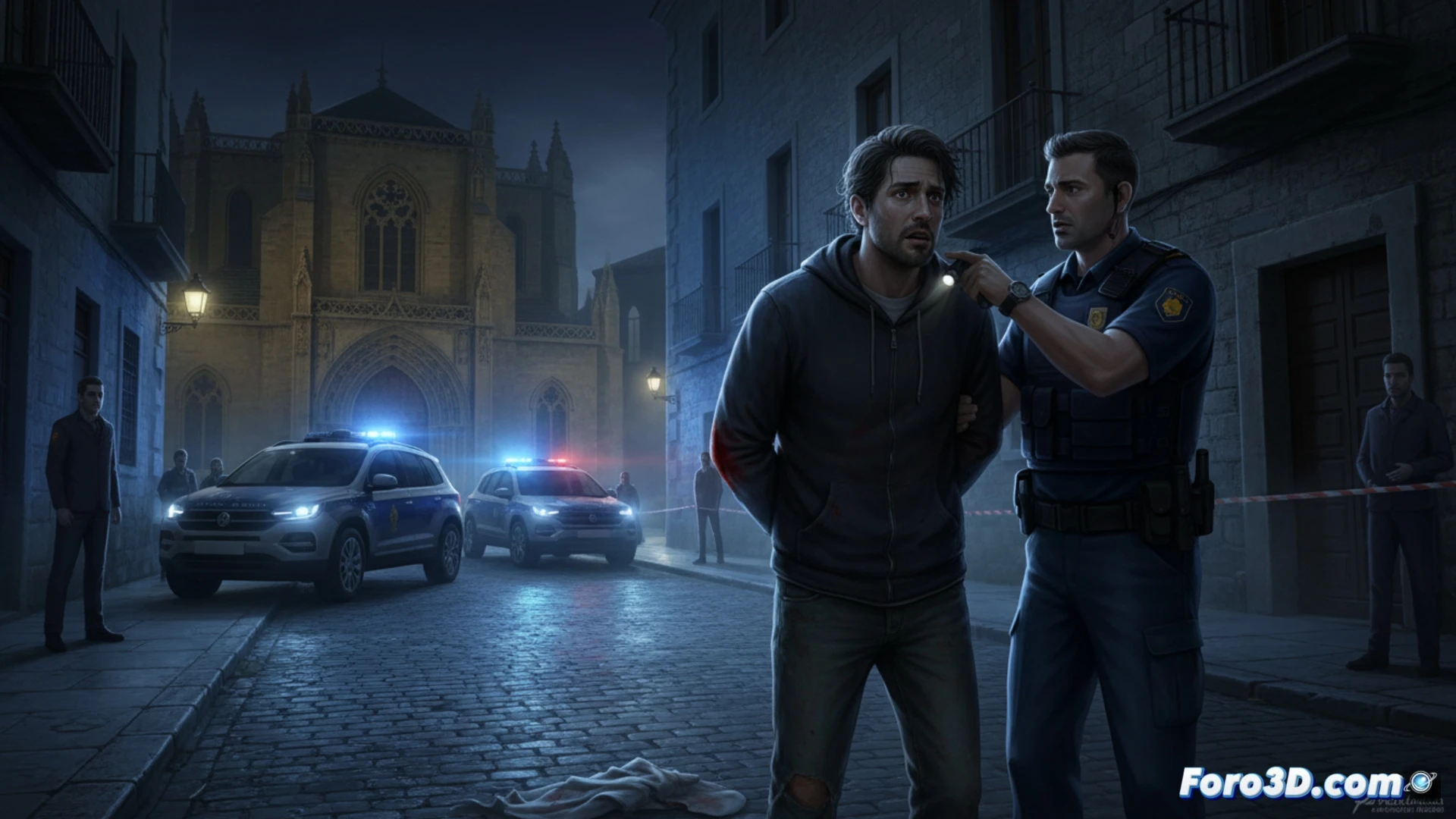 Calle nocturna del barrio de La Corredoria, dos cuerpos caídos en el suelo junto a un portal, un hombre de 32 años forcejeando con un agente mientras otro policía esposa al sospechoso, linternas tácticas iluminando la escena, cinta policial amarilla ondeando, coche patrulla con luces azules y rojas parpadeantes, estilo cinematográfico oscuro, photorealistic, ángulo contrapicado, sombras dramáticas, detalles de uniformes y placas reflectantes, atmósfera tensa de crimen nocturno en barrio residencial