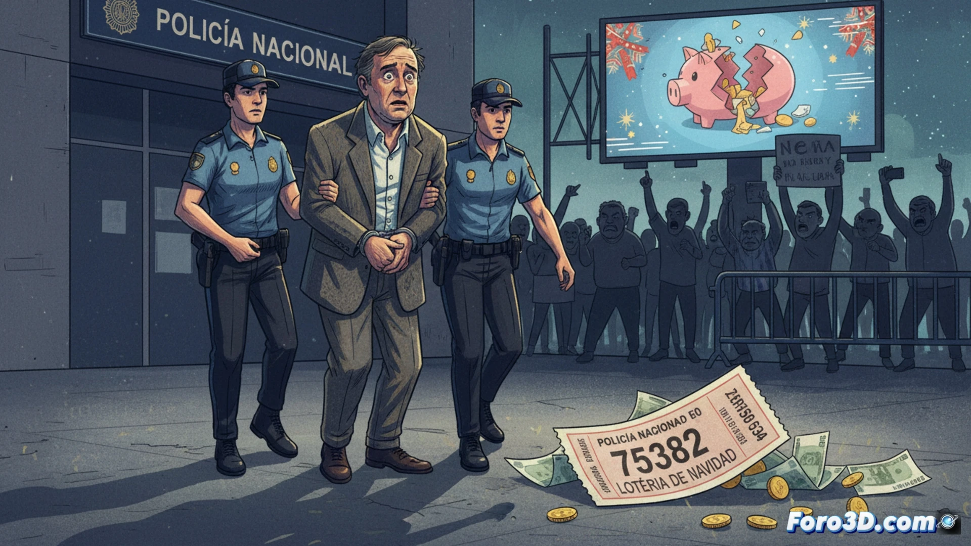 photorealistic crime scene investigation, forensic accountant examining lottery ticket bundles and bank records on a cluttered desk, police officer holding a confiscated cash box with numbered tickets spilling out, computer monitor displaying banking software with transaction logs, handcuffs resting on a stack of 100-euro notes, dramatic overhead lighting casting shadows, ultra-detailed evidence markers, realistic paper textures, cinematic documentary style