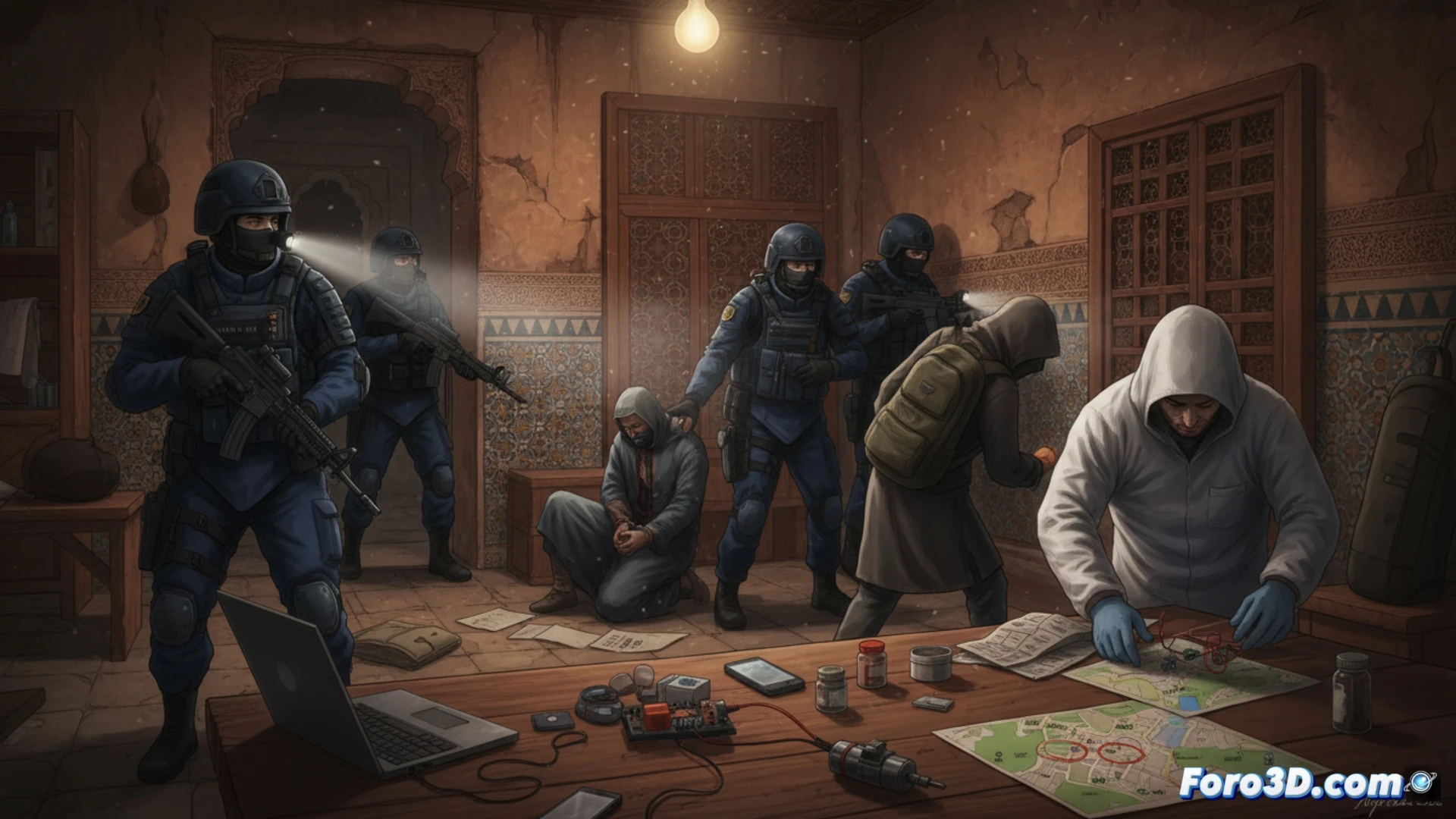 Moroccan counterterrorism raid at dawn in Fez, two suspects being handcuffed by plainclothes officers, seized laptop displaying encrypted ISIS chat window, chemical components for explosives spread on a metal table, circuit boards and detonator wires visible, tactical flashlights illuminating the scene, photorealistic cinematic style, dramatic shadows from bulletproof vests, urban apartment background with drawn curtains, technical forensic documentation aesthetic, high contrast lighting on digital evidence