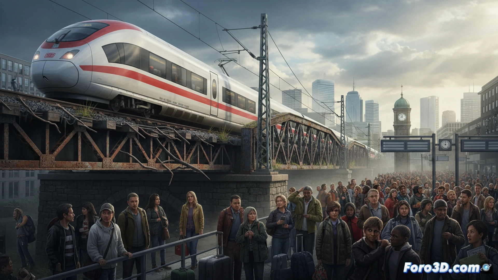 German ICE high-speed train arriving at a crumbling station platform, digital departure board showing all trains delayed, passengers checking smartphones with frustrated expressions while a maintenance worker points at cracked rails and rusted signal equipment, photorealistic technical visualization, dramatic overcast lighting, wet platform reflecting neon station lights, detailed mechanical wear on train wheels and overhead wires, abandoned construction barriers nearby, cinematic industrial atmosphere, ultra-realistic textures of aging infrastructure and modern technology contrast