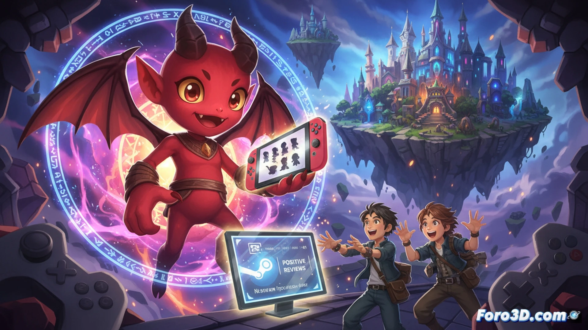 Descripción detallada para imagen (80-120 caracteres):  
El demonio Devilun, sonriente, invoca personajes mágicos en Magirisia entre luces violetas y reacciones emocionantes en Nintendo Switch.