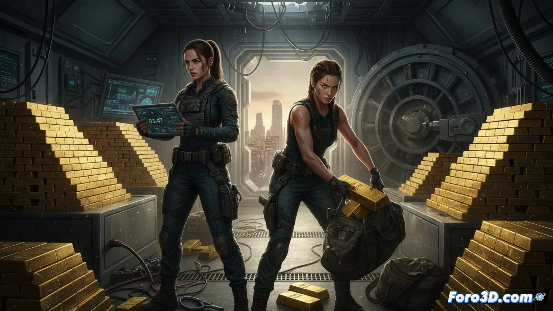 Dos mujeres de espaldas planean frente a lingotes de oro apilados. Luces de seguridad iluminan la bóveda, creando sombras dramáticas que anticipan acción y suspense.