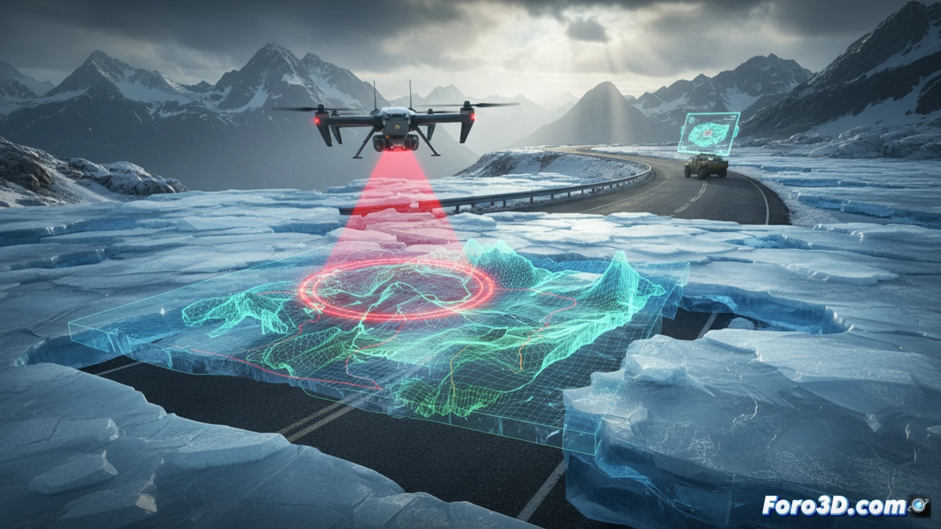 Diagnóstico 3D de placas de hielo en carreteras de montaña con drones y LiDAR para prevenir catástrofes viales