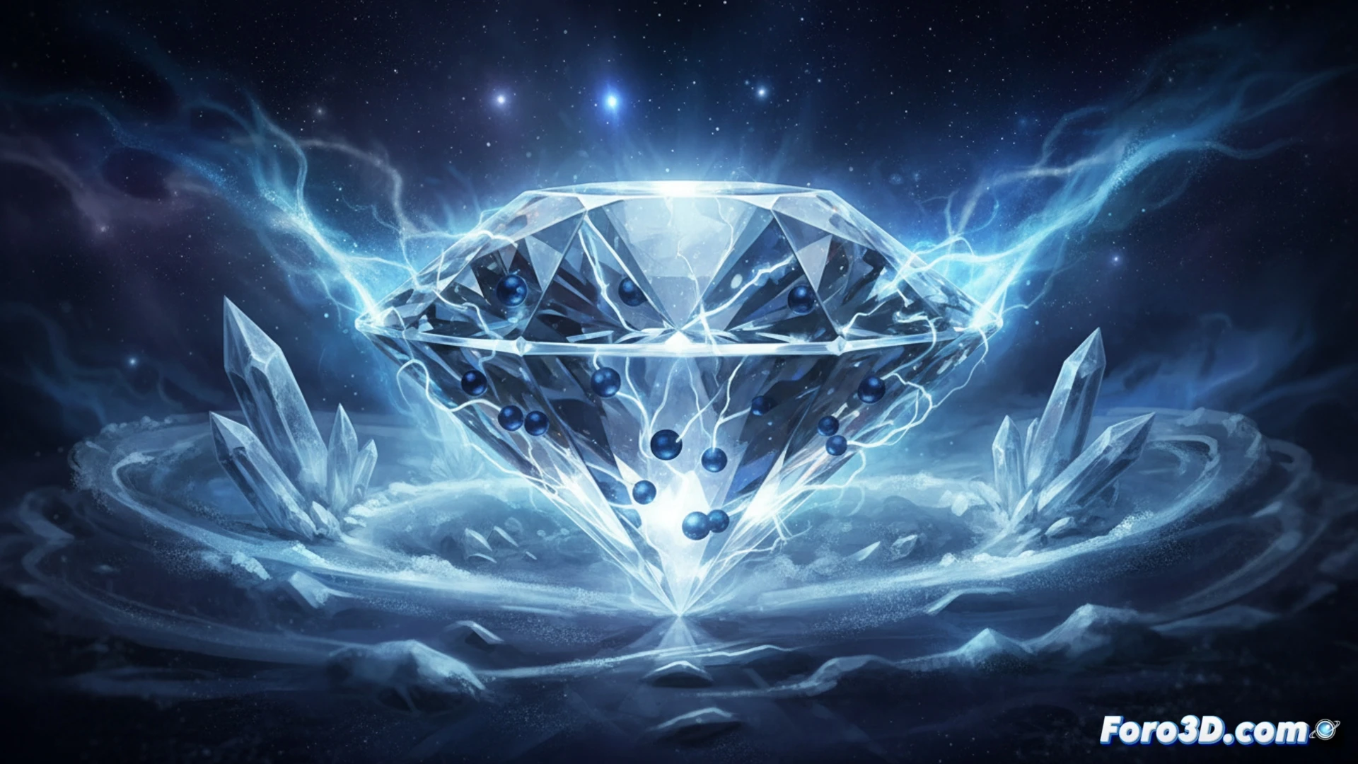 diamond crystal lattice with boron atoms being inserted during a controlled doping process, glowing blue boron particles penetrating the carbon structure at low temperature, a superconductor state visualized with zero-resistance electrical current flowing through the diamond, technical engineering visualization, sharp crystalline facets reflecting light, electron microscope style detail, cold blue and white color palette, high contrast industrial lighting, photorealistic scientific illustration, microscopic scale action showing atomic rearrangement