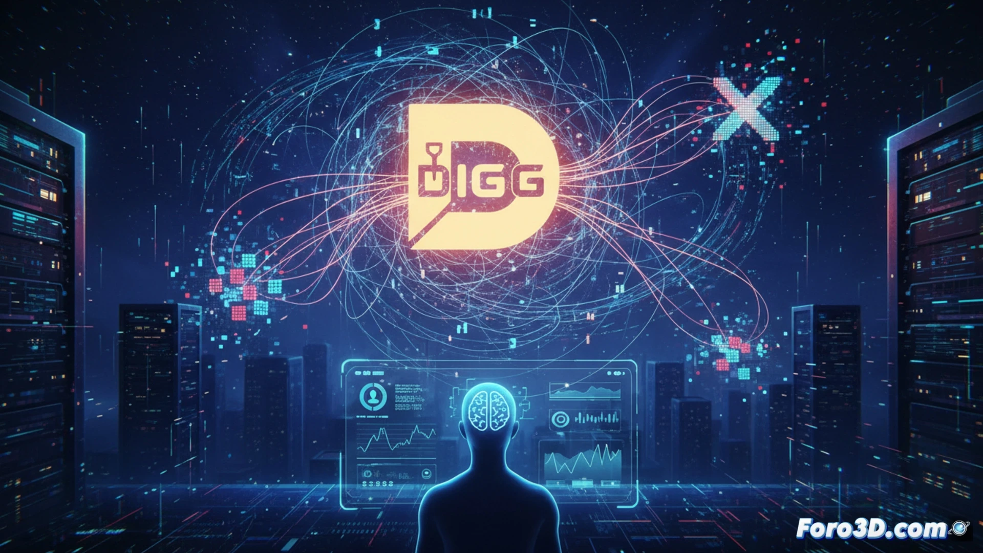 Logotipo de Digg renace con IA, analizando tuits en vivo de X sobre inteligencia artificial.