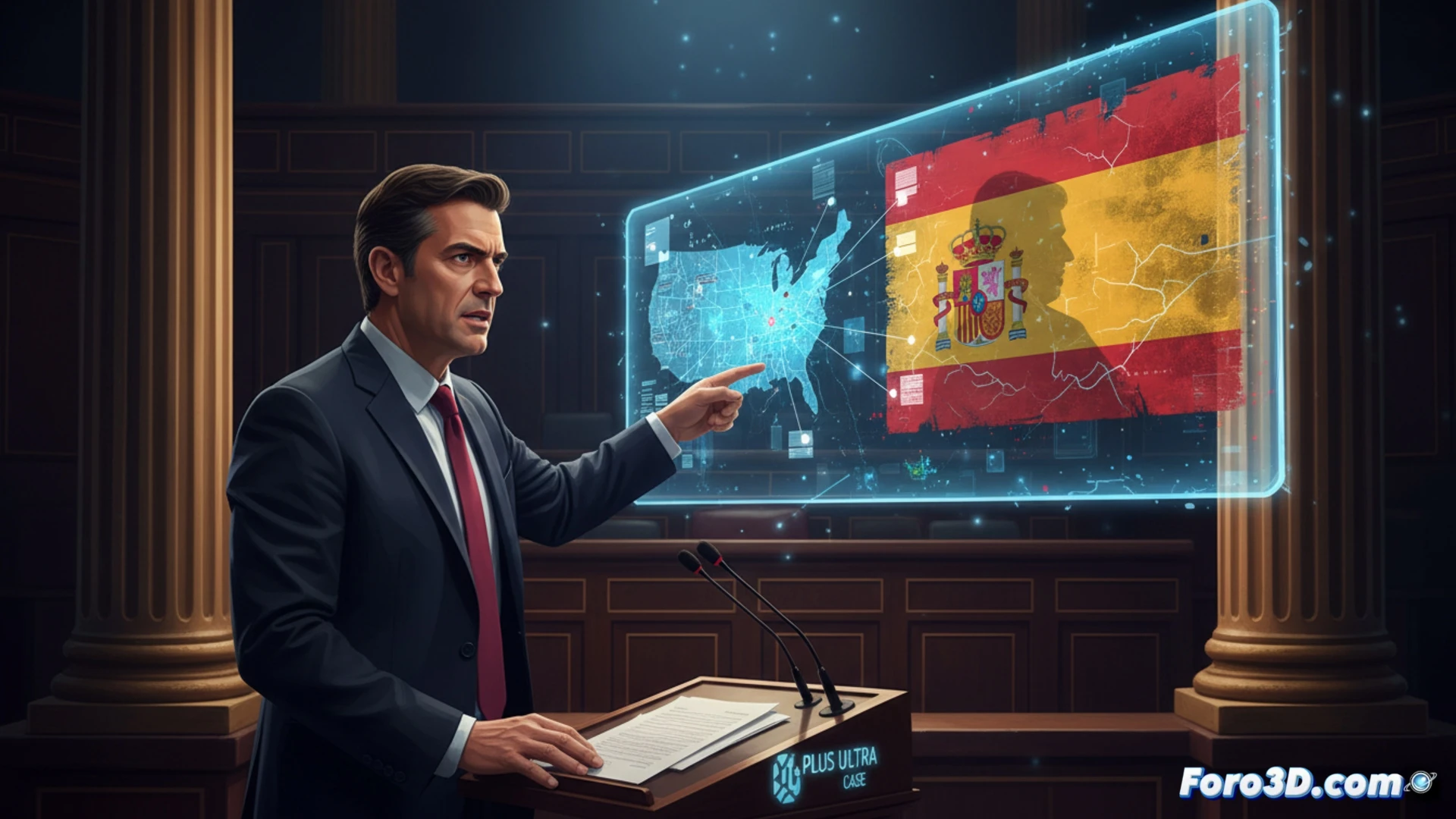 clandestine server room, a man in a suit pointing at a monitor showing a classified file being transferred from a US embassy icon to a Spanish government folder, glowing red data streams, a silhouette of a former president fading into the background, cinematic espionage visualization, dark blue and amber lighting, surveillance cameras watching, keyboard with glowing keys, hard drives blinking, photorealistic technical render, motion blur on data cables, high-angle shot showing the action of data theft