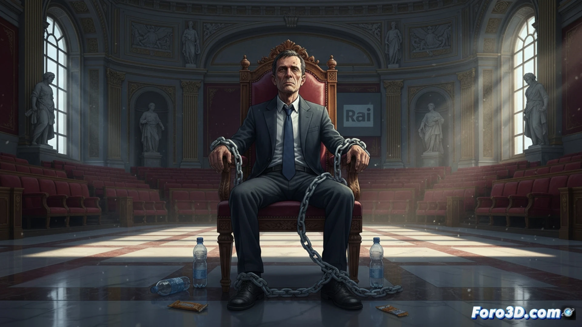 Italian parliamentary chamber, deputy Roberto Giachetti chained to his seat with metal handcuffs and a bicycle lock, visibly emaciated after twelve days hunger strike, empty water bottle on desk, parliamentary benches in background, dramatic spotlight on him, photorealistic cinematic style, deep shadows, tense atmosphere, democratic institution setting, hyper-detailed textures of wood and fabric, wide-angle lens perspective, emotional tension
