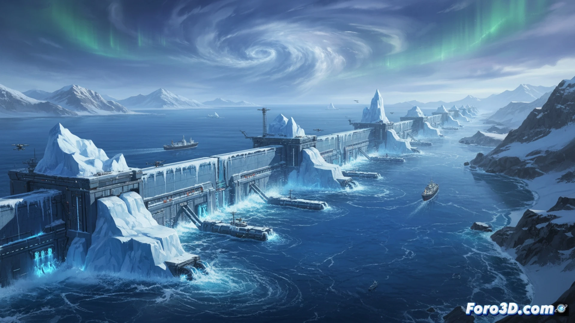 engineering visualization of Arctic ocean strait with massive concrete dam structure spanning 80 kilometers across turbulent blue water, ice floes crashing against reinforced walls during construction, autonomous underwater drones inspecting submerged foundations, bright orange construction vessels positioning prefabricated segments, hydraulic cranes lowering massive concrete blocks into place, sonar mapping beams scanning seabed, technical cross-section showing layered steel reinforcement and pressure sensors embedded in structure, photorealistic cinematic render, dramatic polar lighting with low sun casting long shadows, hyperdetailed industrial equipment, cold blue-grey color palette