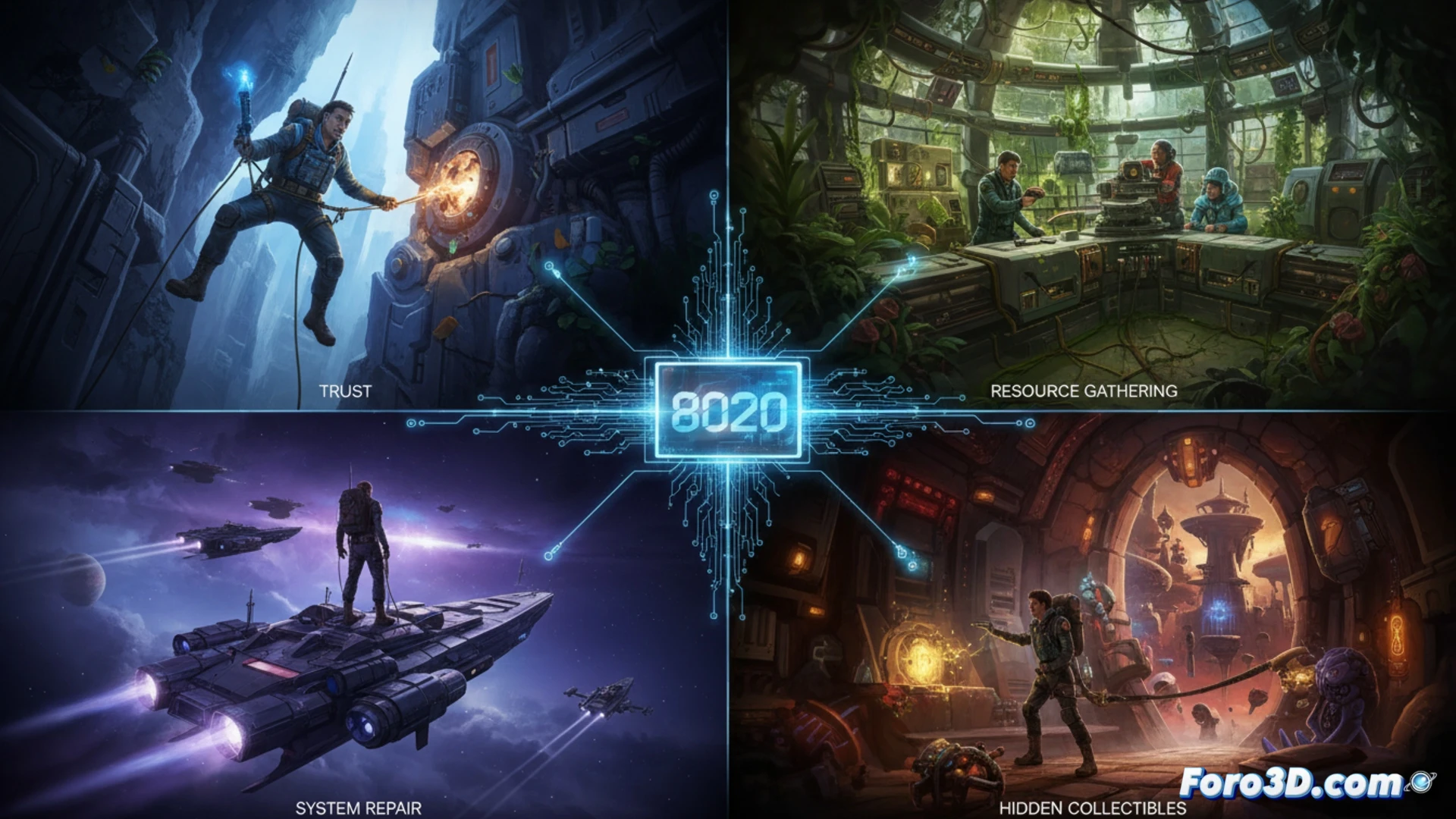 Una nave espacial dañada, tres personajes mirando un panel con rutas de escape. Iconos de decisiones, recursos y un coleccionable brillante oculto.