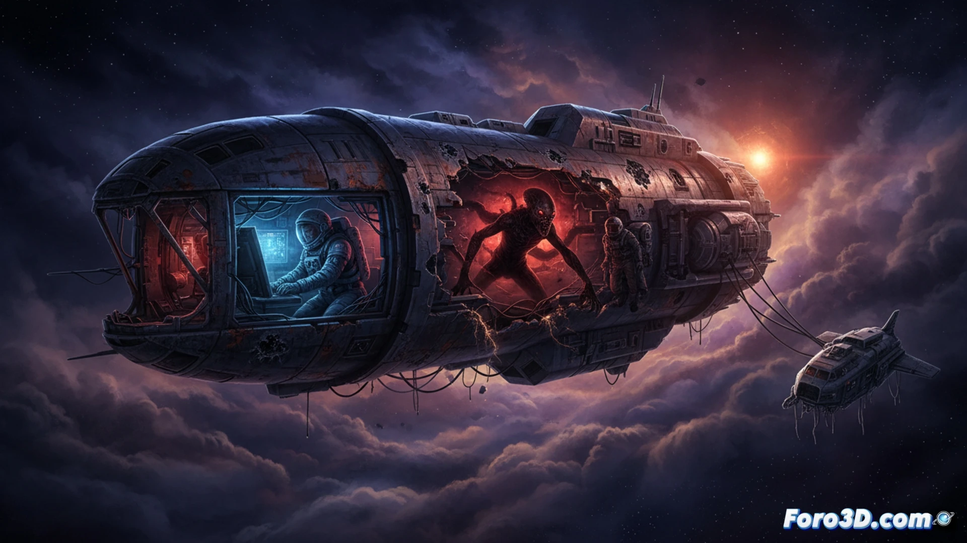 Un astronauta solitario mira una nave dañada en el espacio. Luces rojas parpadean, proyectando sombras siniestras. El título 'Directive 8020' aparece en letras metálicas, insinuando terror y decisiones fatales.