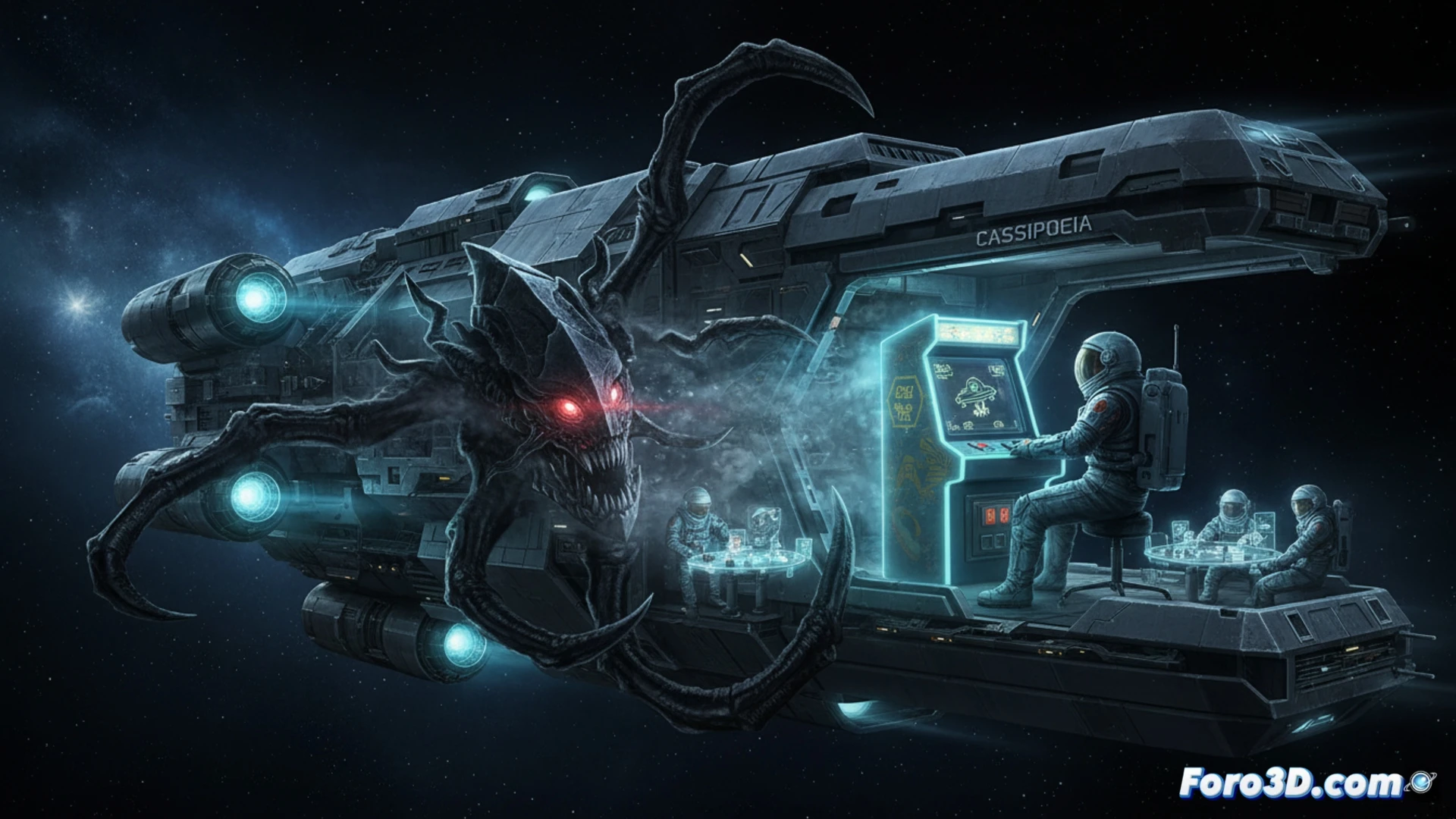 Nave Cassiopeia iluminada por luces rojas de alarma; un alien sombrío acecha entre sombras. Un jugador sostiene el mando, tensión visual que la jugabilidad no sostiene.