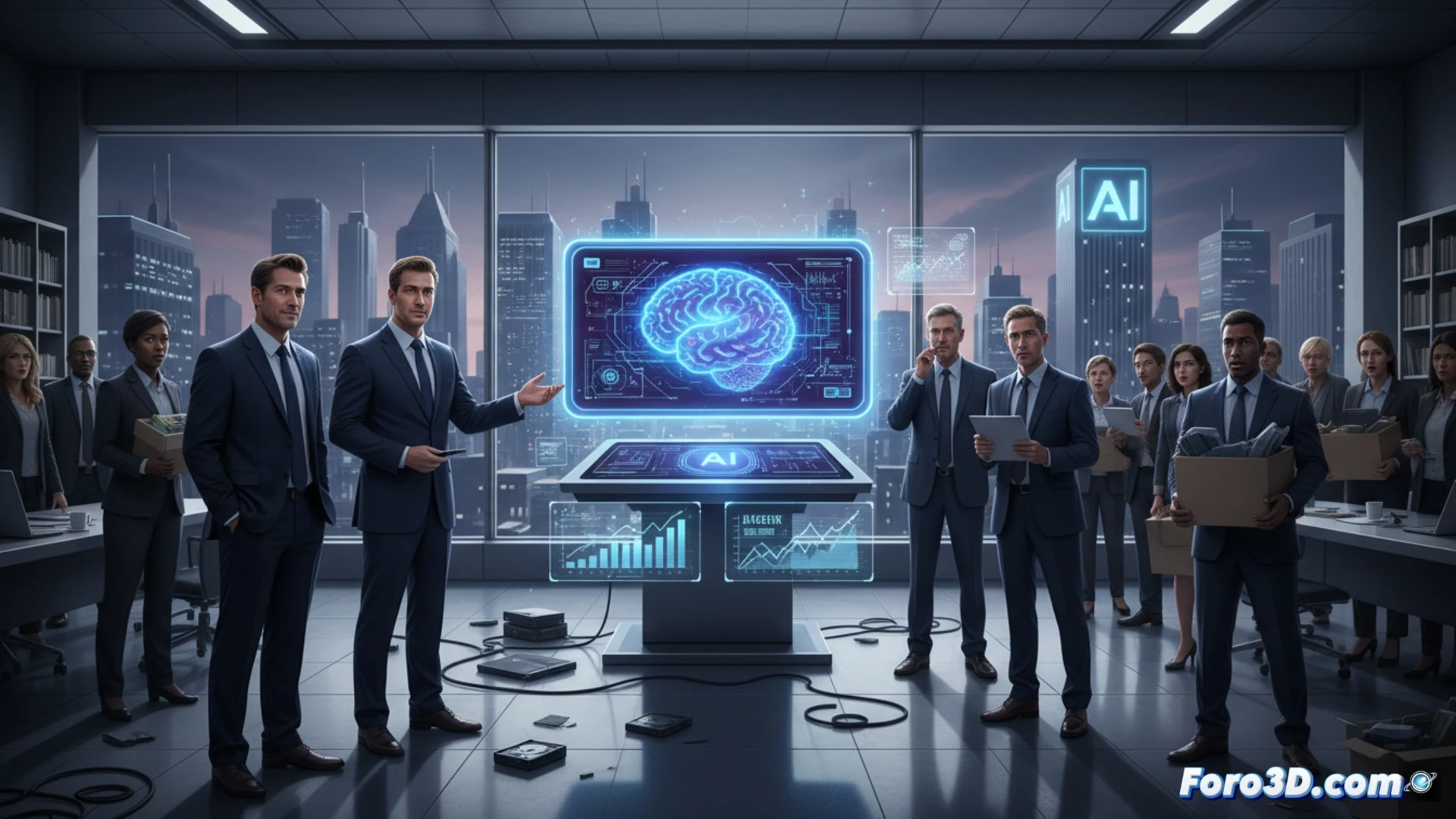 corporate office meeting room, executives pointing at a large screen showing a glowing AI interface with error codes and loading bars stuck at zero percent, a holographic projection of a robot arm malfunctioning mid-air, while paper termination letters float down onto empty desks in the background, boss shaking hands with a security guard escorting a developer out, dark suits, cold blue and red lighting, tension visible on faces, realistic office clutter with monitors and cables, cinematic photorealistic industrial style
