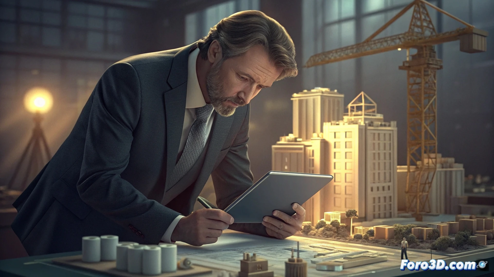 Un director comercial analiza un modelo 3D interactivo de datos de ventas en una pantalla táctil. Gráficos holográficos muestran rutas logísticas y prototipos virtuales flotando sobre una mesa de reuniones minimalista. Iluminación profesional azul y naranja. Estilo futurista corporativo.