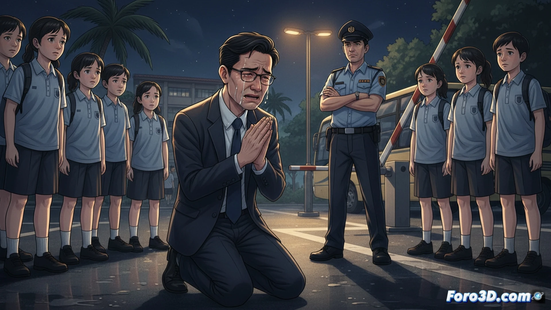 Photorealistic scene of a school principal in a suit bowing his head while wiping tears, standing in front of a row of security guards in uniform, one guard holding a parking ticket device, another pointing at a school bus parked illegally, students watching through a window, dramatic lighting from streetlamps, cinematic composition, ultra-detailed facial expressions, security badges visible, concrete parking lot with yellow lines, emotional tension, photorealistic technical render
