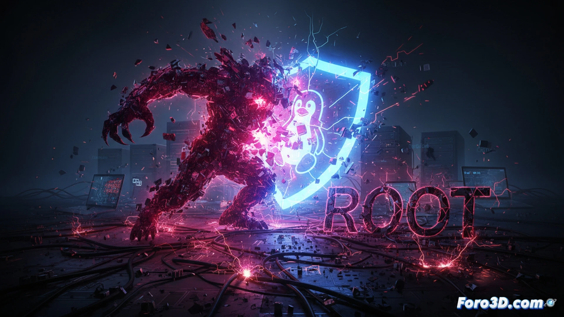 Una terminal Linux con fondo oscuro muestra código rojo y verde; una mano sombría inserta un fragmento de red corrupto que escala a root.