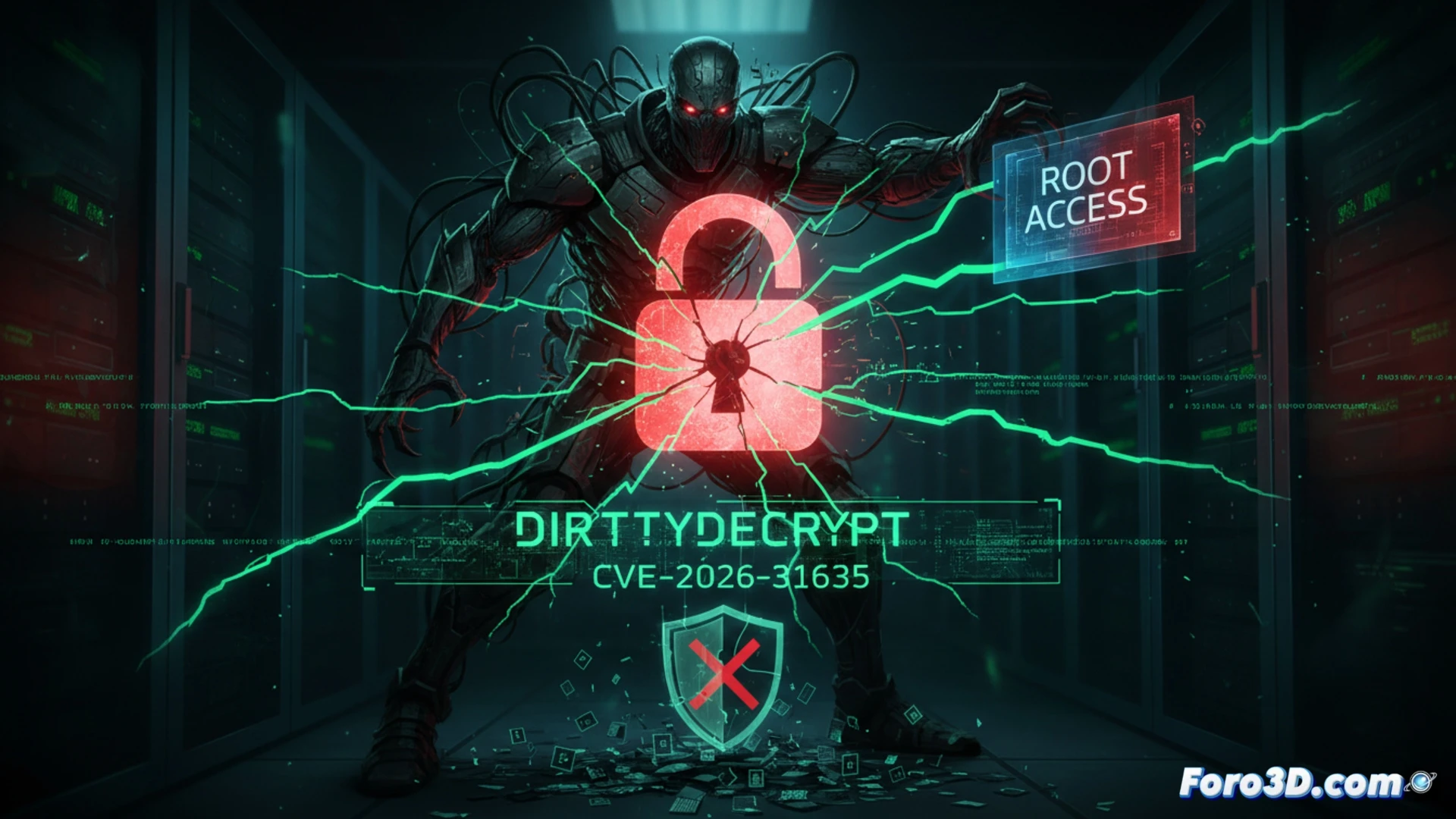 Linux kernel memory corruption exploit visualization, attacker terminal displaying DirtyDecrypt PoC execution, shell commands scrolling showing privilege escalation from user to root, glowing red alert indicators on system monitor, kernel panic warning symbols, lock icon breaking apart into fragments, technical illustration style, dark cyberpunk aesthetic, green matrix-like code rain on secondary screen, motherboard with highlighted CPU and memory modules under attack, cinematic lighting with dramatic red and cyan contrast, photorealistic engineering visualization