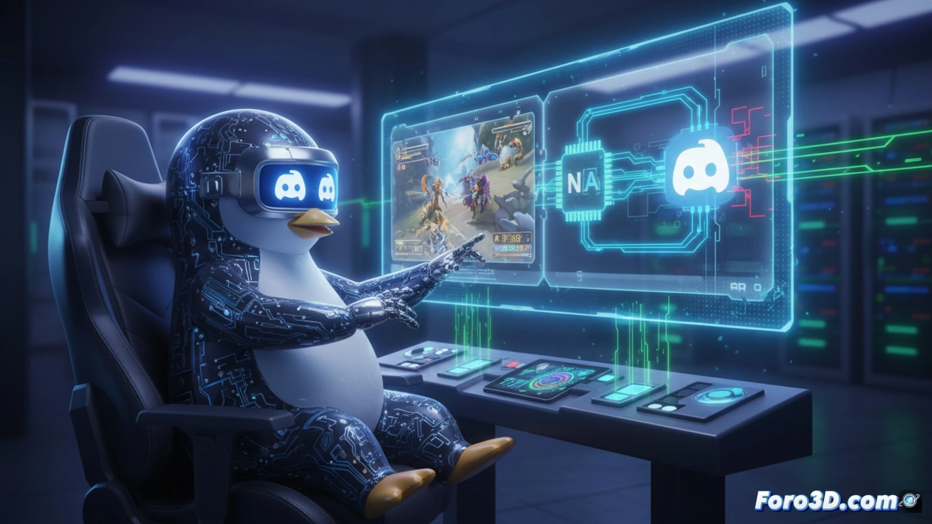 Linux desktop running Discord app with game streaming active, GPU hardware encoding process visualized as glowing data streams flowing from gaming GPU into Discord interface, Nvidia AMD Intel logos faintly visible on graphics card cooler, CPU usage meter showing low load while GPU encoder handles video capture, dramatic dark tech scene with blue and green neon lighting, cinematic engineering visualization, photorealistic technical illustration, sleek metallic PC components, motherboard traces glowing with data transfer activity, smooth motion blur on cooling fan blades