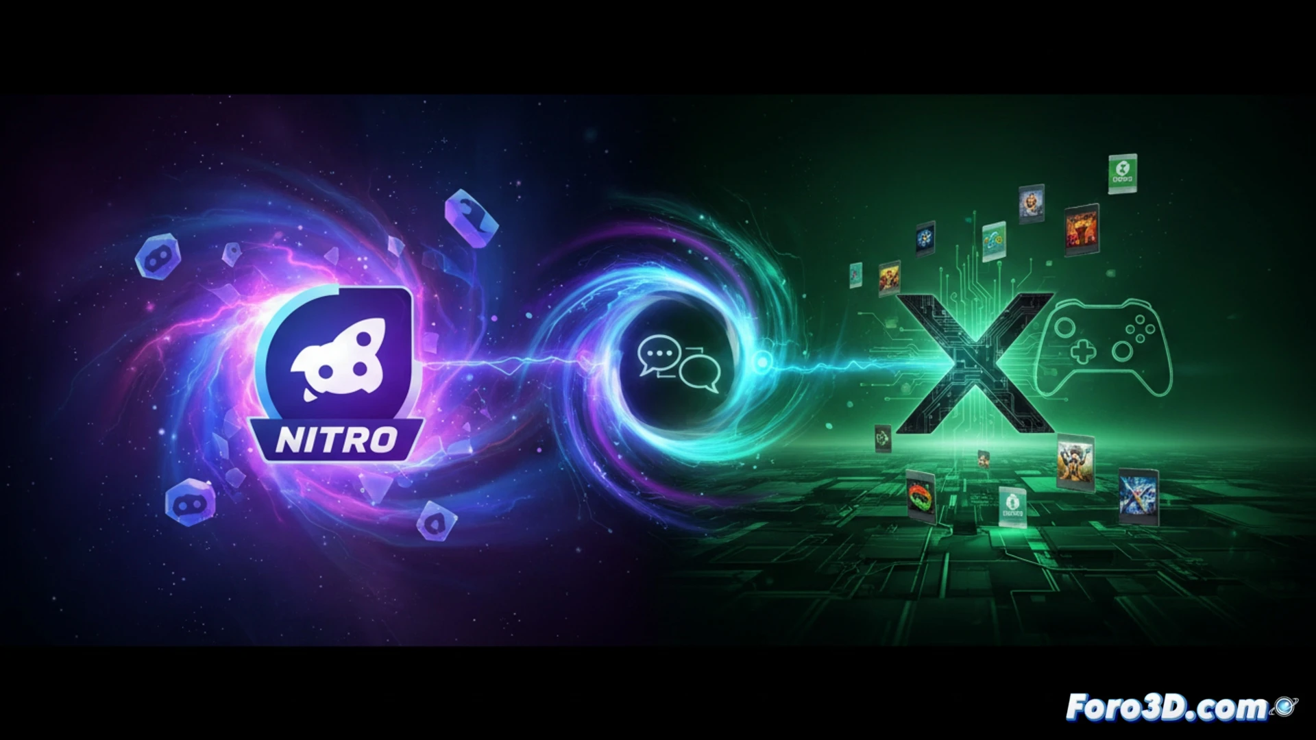 Un usuario de Discord Nitro sonríe al ver Xbox Game Pass Starter en pantalla, con iconos de juegos y chat de voz.