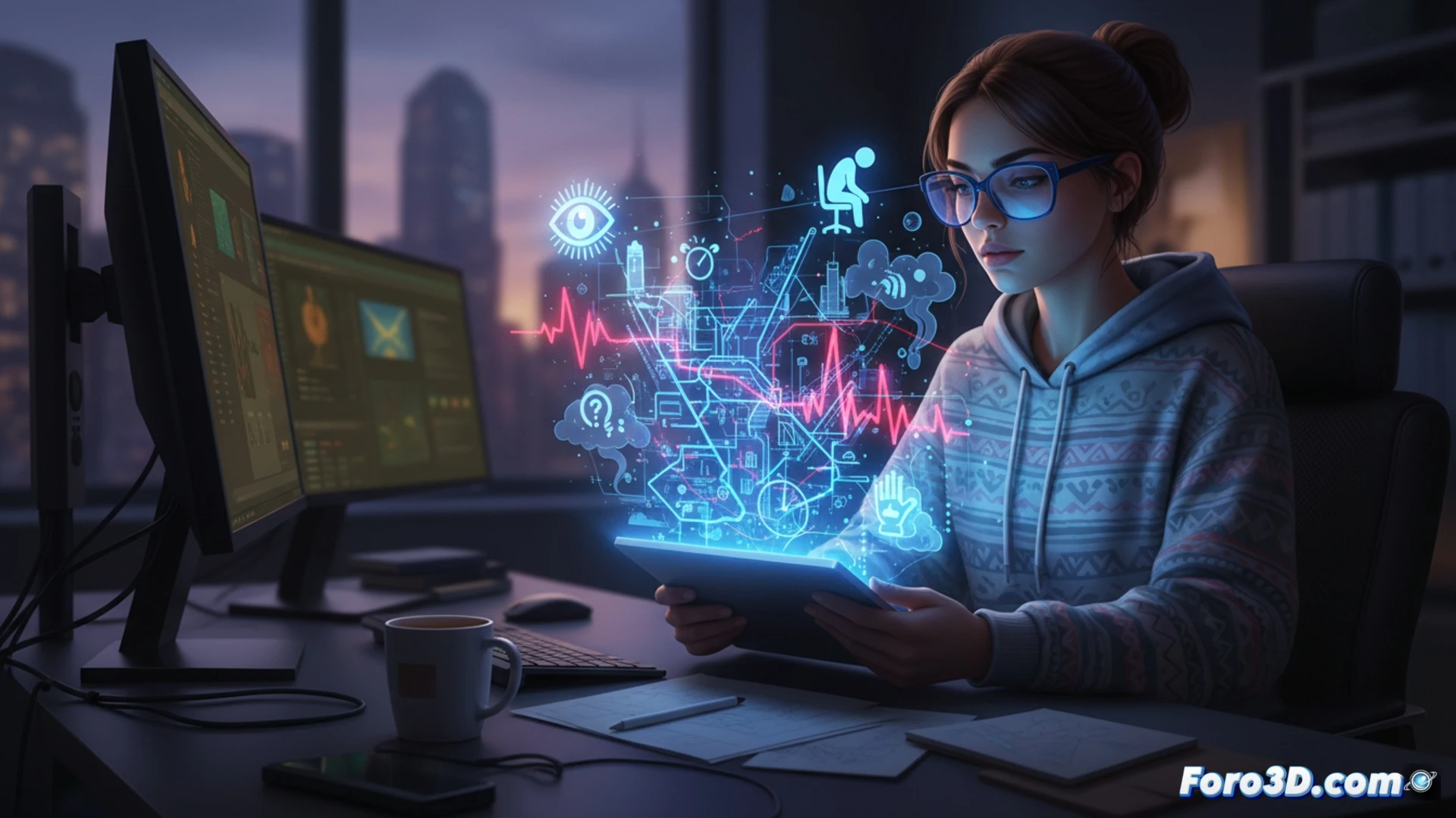 Infografía 3D interactiva de riesgos laborales en diseñadores gráficos: fatiga visual, túnel carpiano y cervicalgia