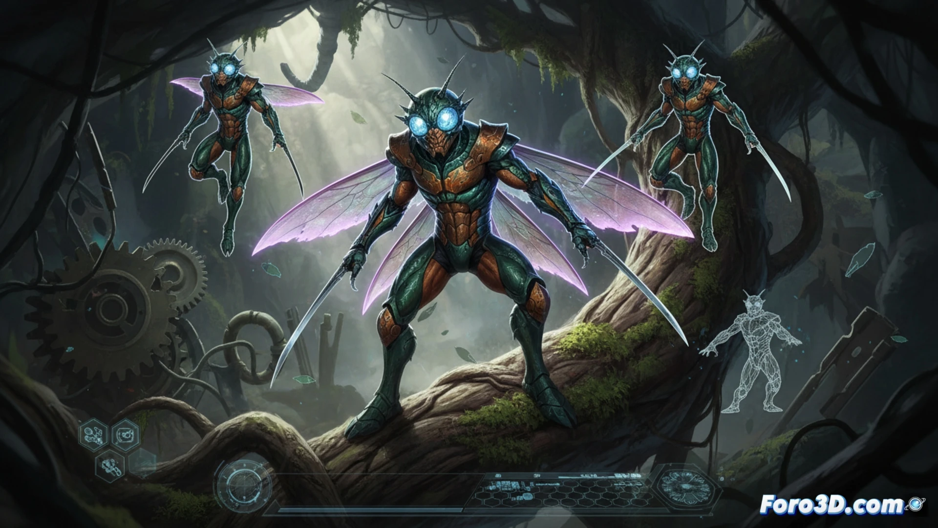 [Diseño 3D de un guerrero insecto humanoide con armadura orgánica, antenas y ojos compuestos brillantes para videojuego]