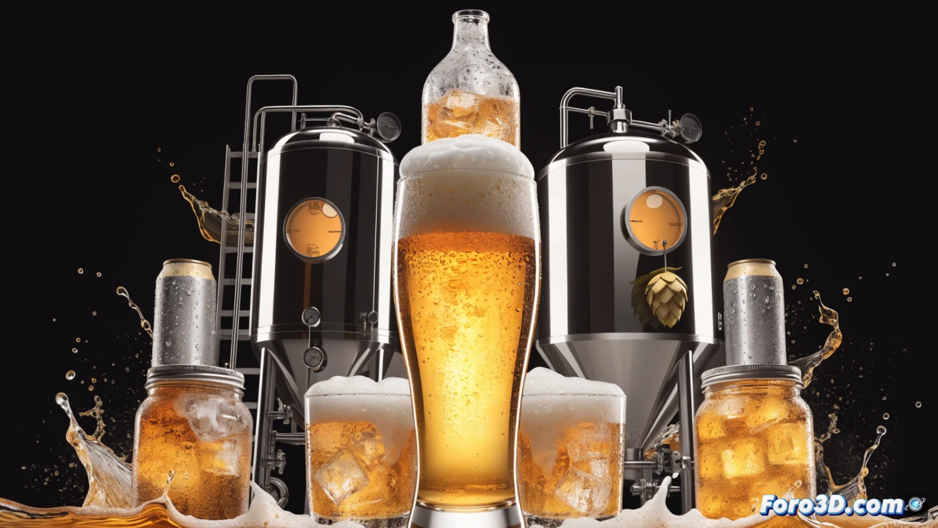 Maestro cervecero ajusta un modelo 3D de un fermentador cónico en una pantalla táctil, rodeado de gráficos de volumen y prototipos de envases.