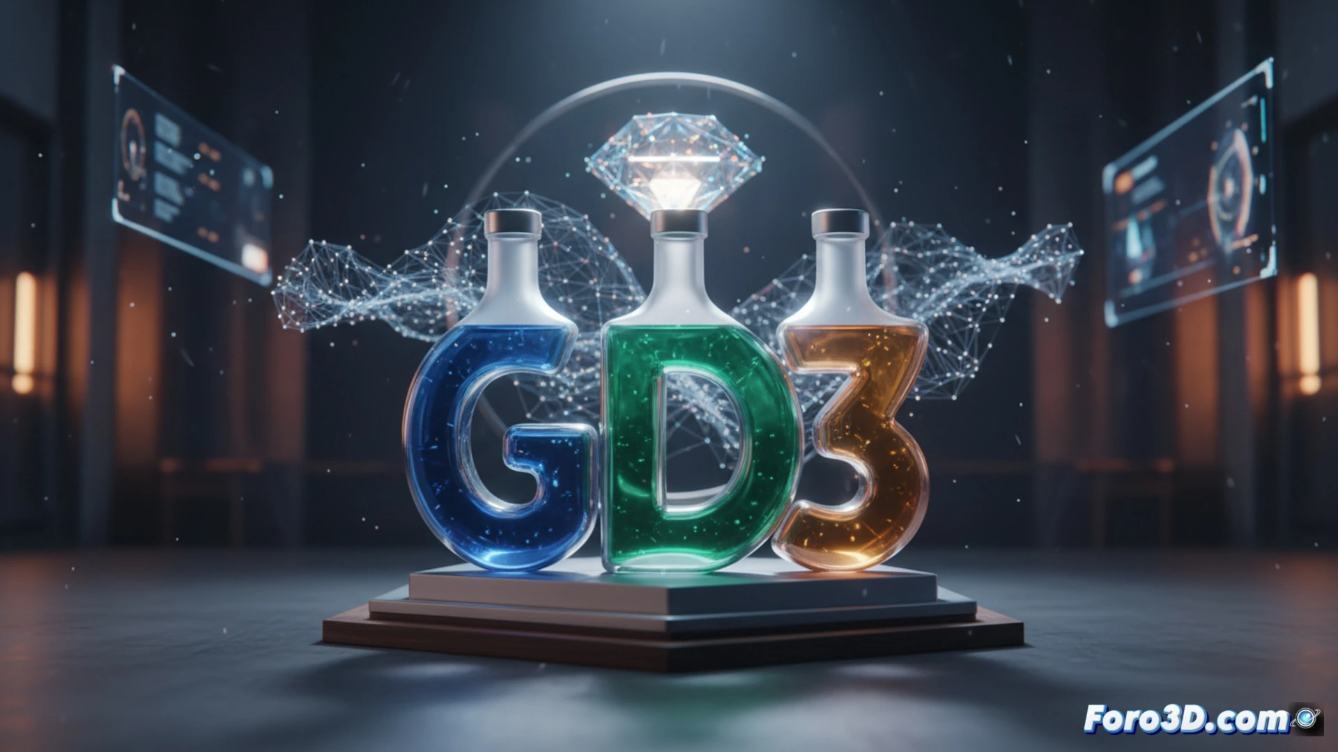 Una botella de perfume modelada en 3D flota sobre un fondo neutro. La superficie de vidrio refleja luces suaves, con la etiqueta del logo nítida y realista. Sombra proyectada sutil, sin rastro de edición 2D.
