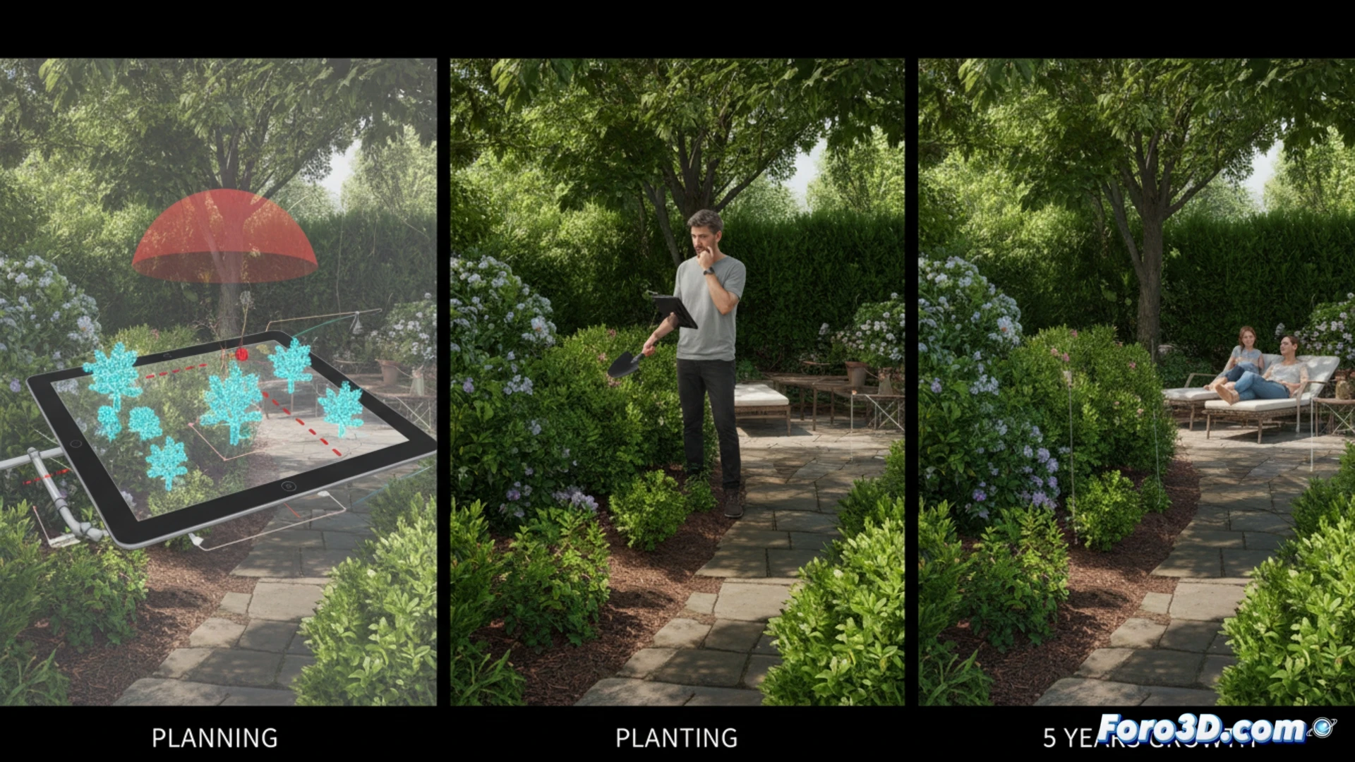 Una maqueta 3D de jardín muestra un seto digital creciendo junto a tuberías subterráneas y zonas de sombra, con herramientas de simulación.