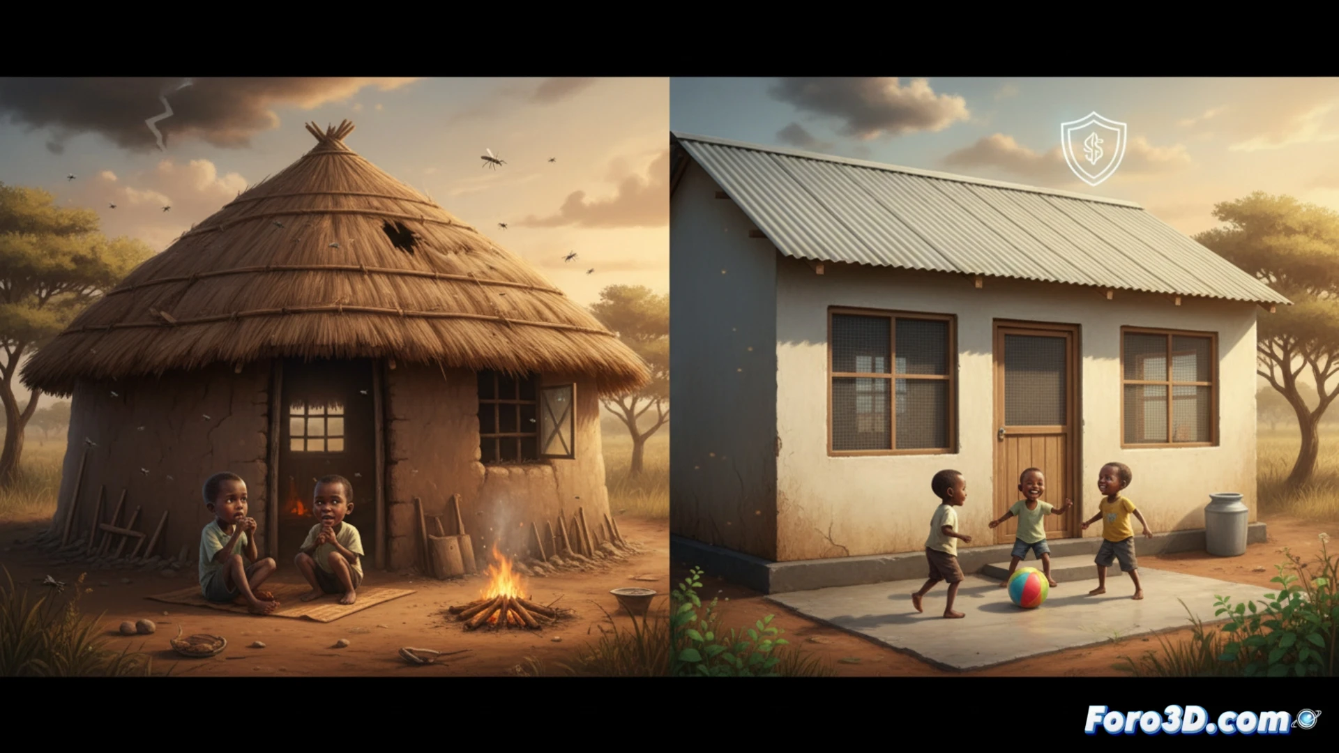 Architectural cross-section of two African houses side by side, traditional mud and thatch hut on left with mosquitoes entering through open eaves, Star Home on right with closed eaves, fine mesh screens on windows, rainwater collection pipe flowing to sealed latrine, children playing safely inside while mosquito silhouettes bounce off screen barriers, cinematic engineering visualization, golden sunset lighting, photorealistic architectural render, detailed construction materials, health improvement diagram integrated into scene