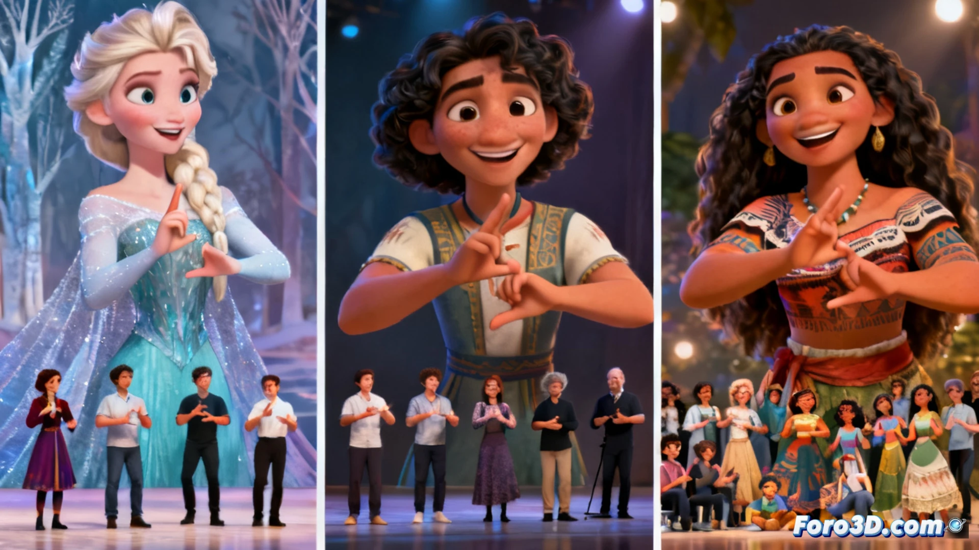 Una actriz sorda, con lenguaje de señas, canta junto a personajes animados de Disney reimaginados.