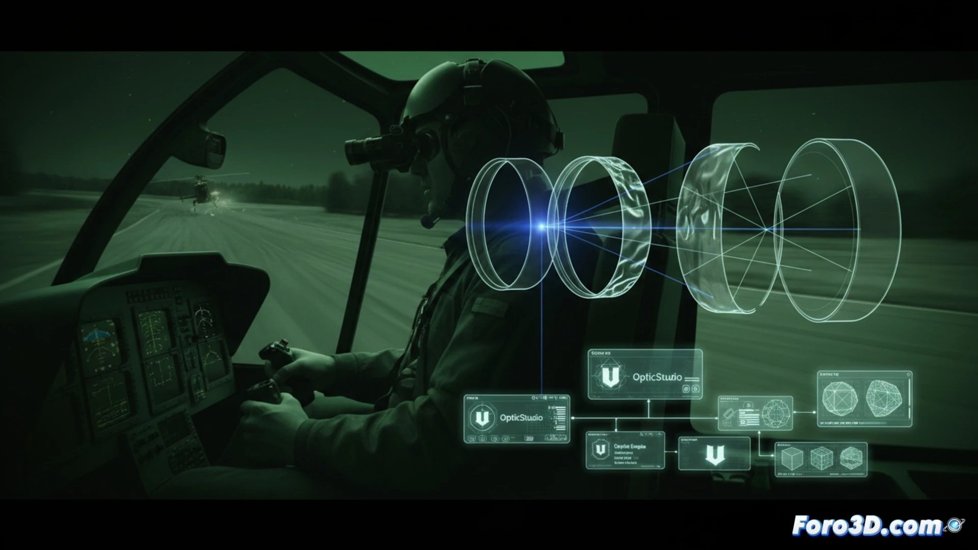 Escaneo 3D de lente NVG con mapa de espesor irregular y simulación de distorsión óptica