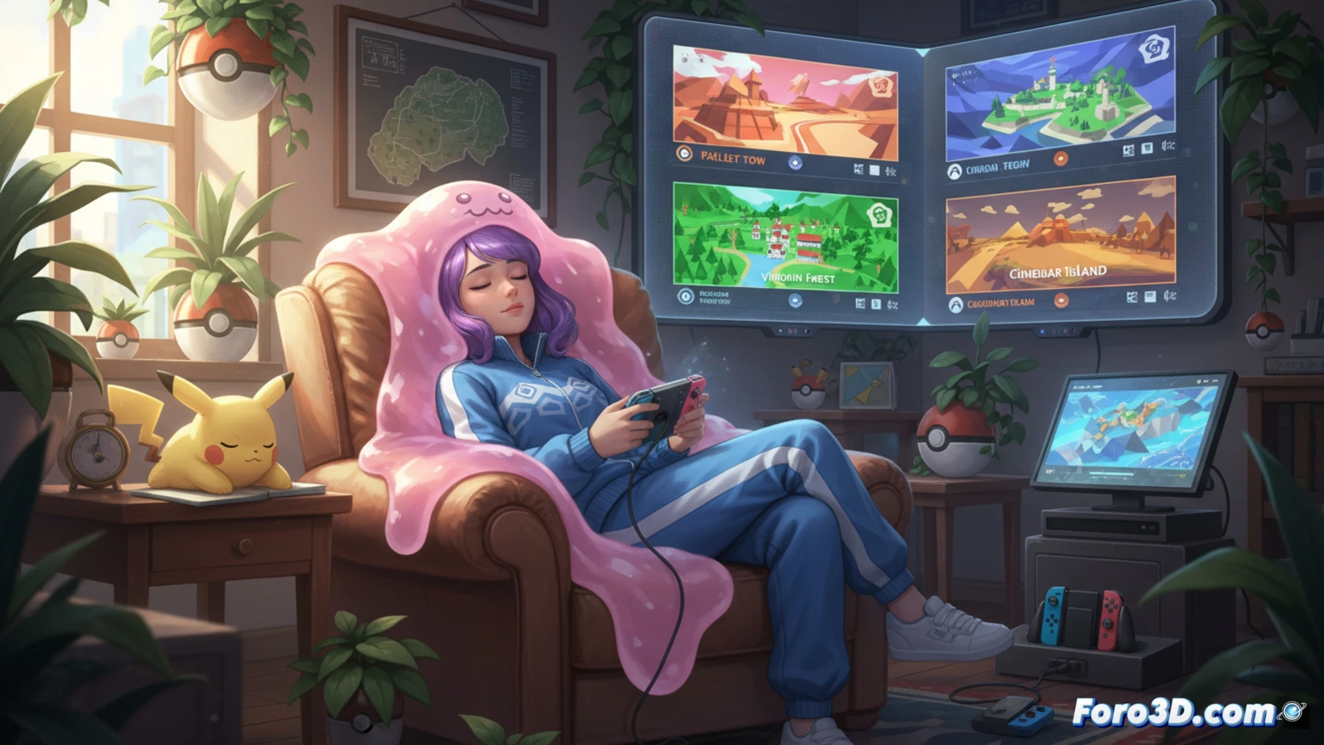 Ditto con forma humana dormido en Pokopia, mando inactivo, fondo de Kanto reconstruido y un Pokémon somnoliento junto a él.