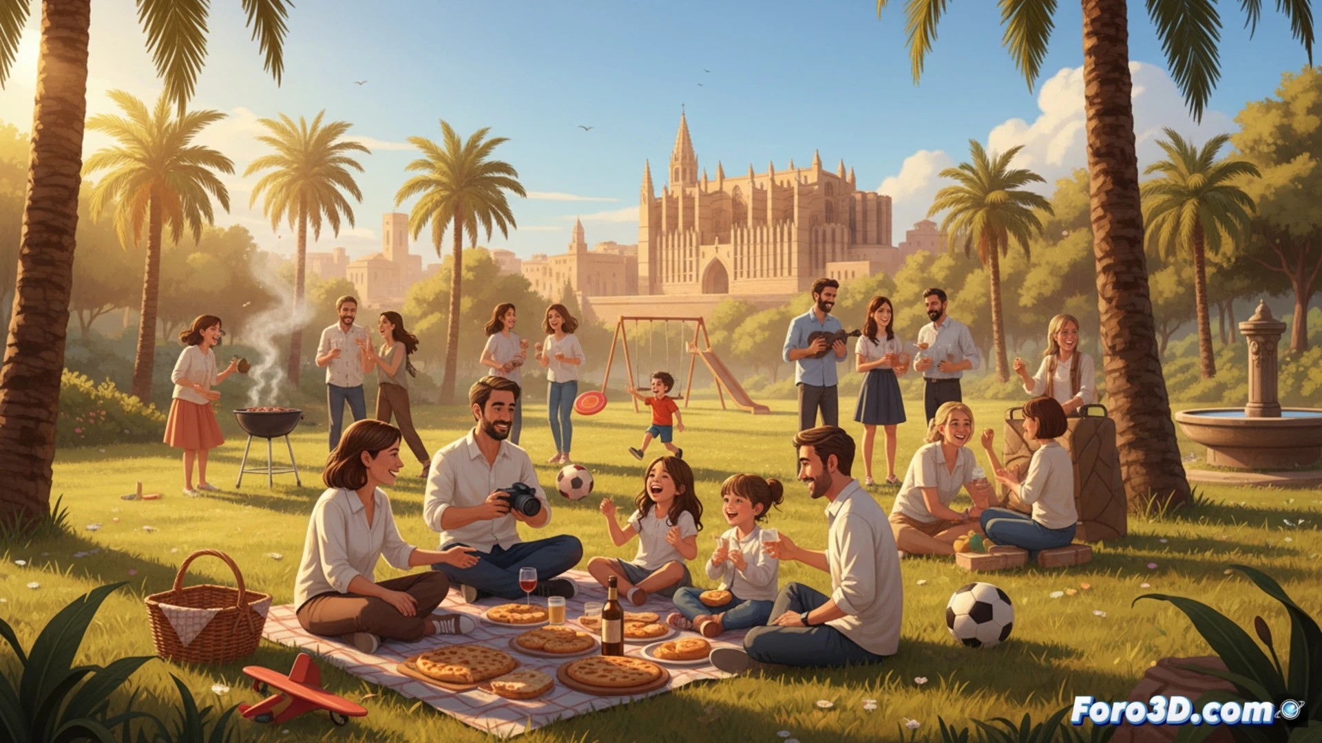 Familias en un parque de Palma, con manteles, comida y niños jugando bajo árboles frondosos, reflejando la tradición del Diumenge de l´Àngel.