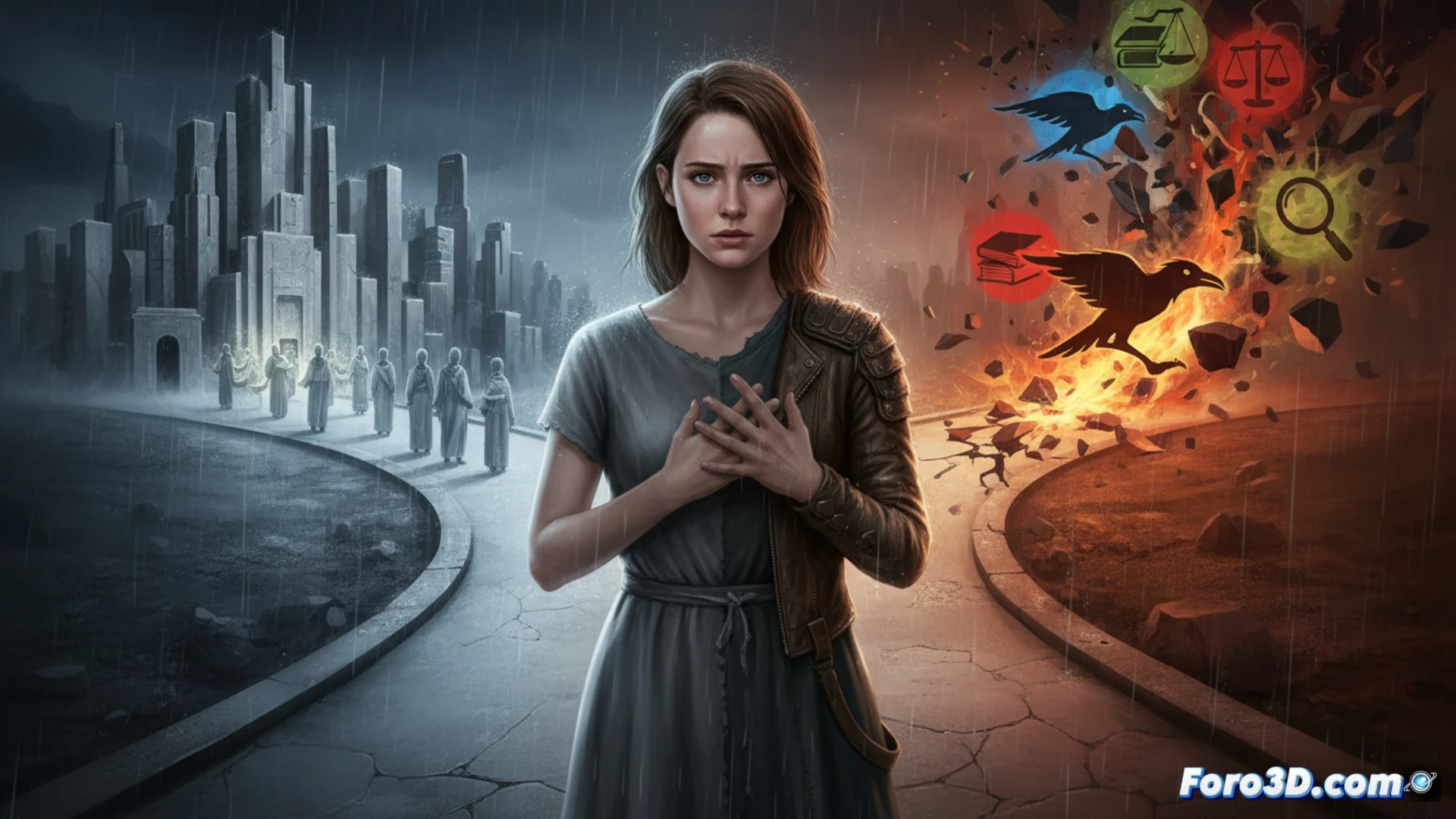 young woman standing in sterile white simulation chamber, hands pressed against transparent glass wall, reflection showing two different faces, one with abnegation grey clothes and short hair, other with dauntless black outfit and tattoos, brain scan hologram rotating above her head showing conflicting neural pathways, red and blue glowing synapses firing simultaneously, fractured mirror effect on the glass surface, cinematic psychological visualization, cold blue ambient light contrasting with warm orange glow from hologram, technical medical equipment visible in background, photorealistic render, dramatic chiaroscuro lighting, ultra-detailed facial expression showing internal struggle
