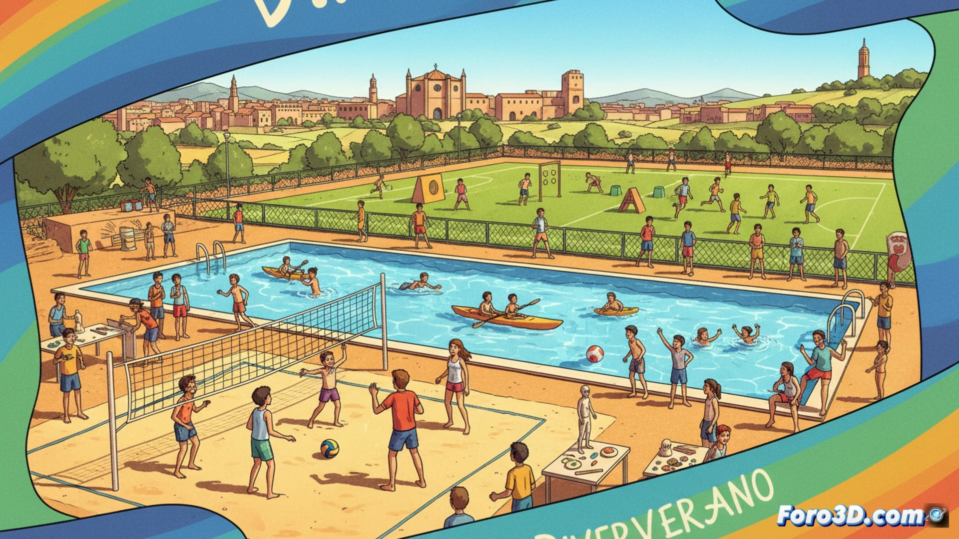 Jóvenes felices en actividades deportivas y recreativas al aire libre, bajo supervisión de monitores, en un parque soleado de Ciudad Real.