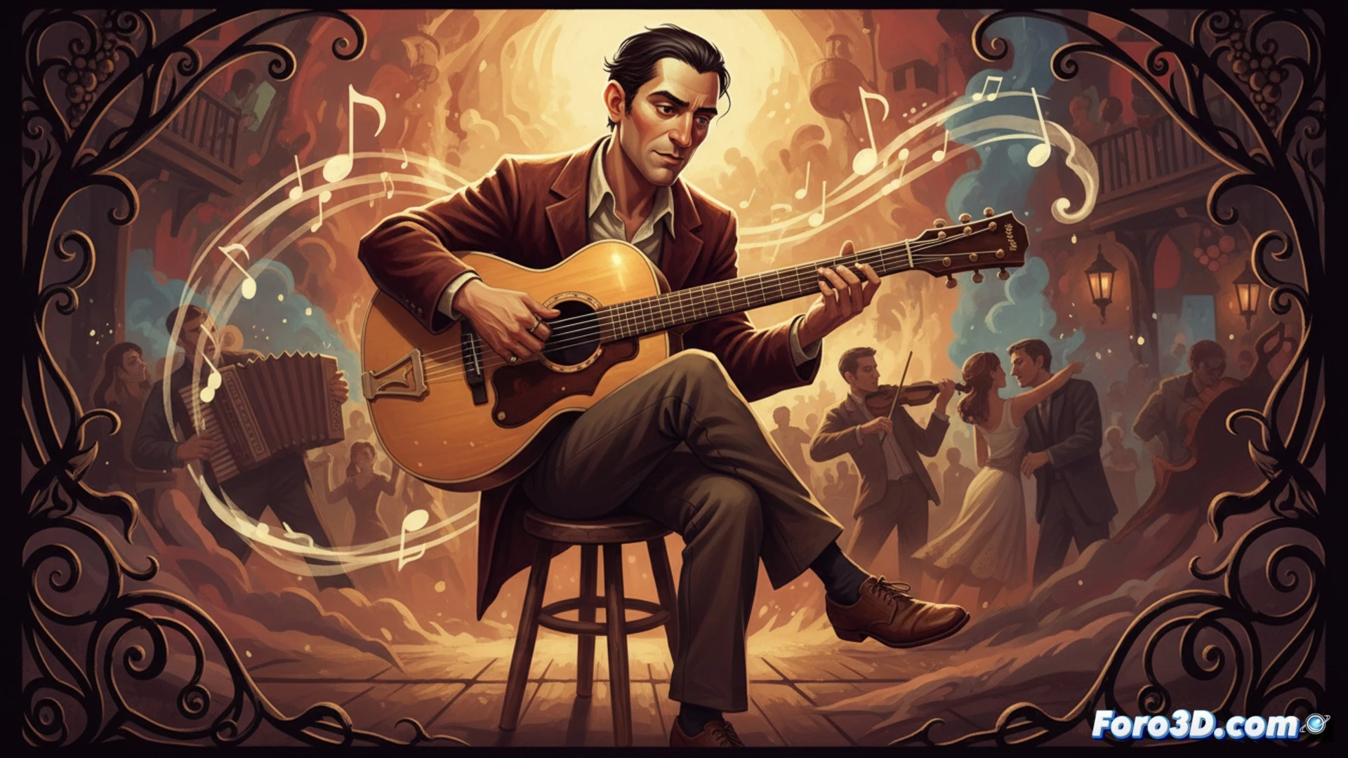 Django Reinhardt con su guitarra, manos marcadas por el fuego, fusiona el swing americano con la tradición gitana en una noche de jazz manouche.