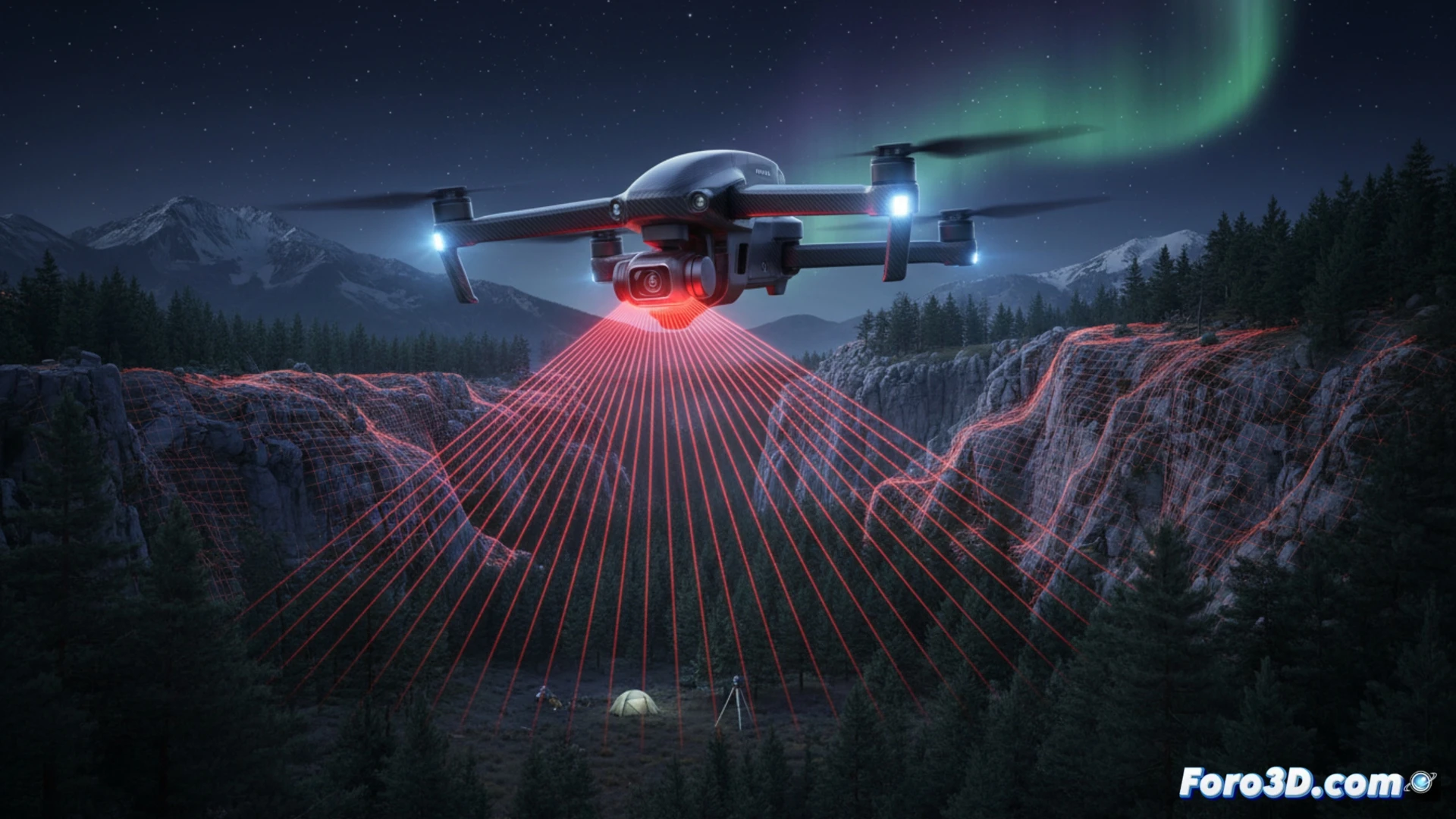 Dron DJI Air 3S volando de noche con sensor LiDAR activo para topografía de precisión 3D
