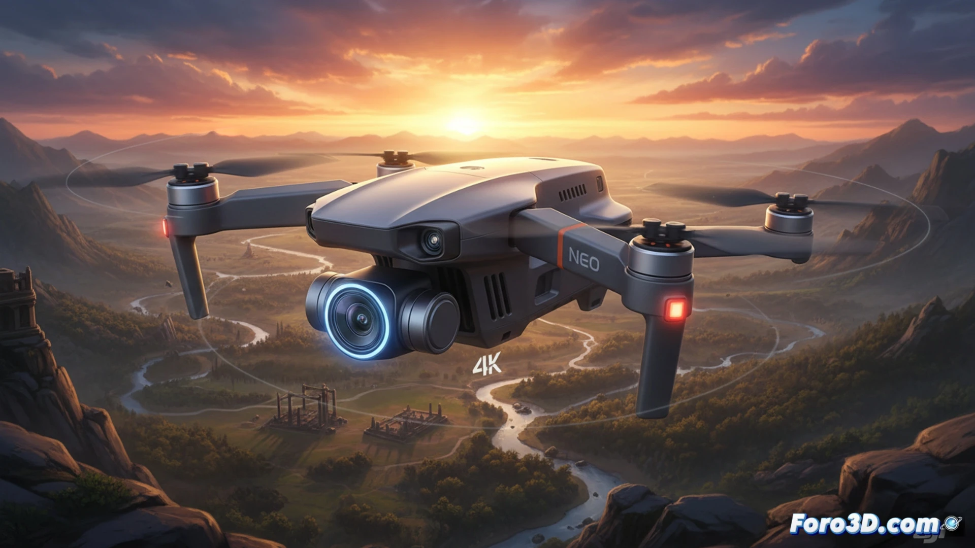 DJI Neo drone hovering mid-air over a grassy field at golden hour, compact white body with four rotors spinning, 4K camera lens clearly visible pointing forward, pilot’s hand reaching up to catch the drone during landing, motion blur on propellers, sunlight glinting off the metallic camera housing, cinematic photorealistic style, ultra-detailed plastic casing texture, soft shadows on grass, clear sky background, demonstrating effortless portability and simple control, no text or numbers in image