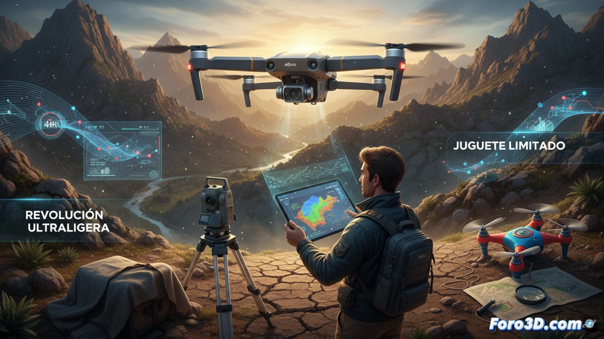DJI Neo dron ultraligero sobrevolando terreno con vegetación para topografía 3D y fotogrametría aérea