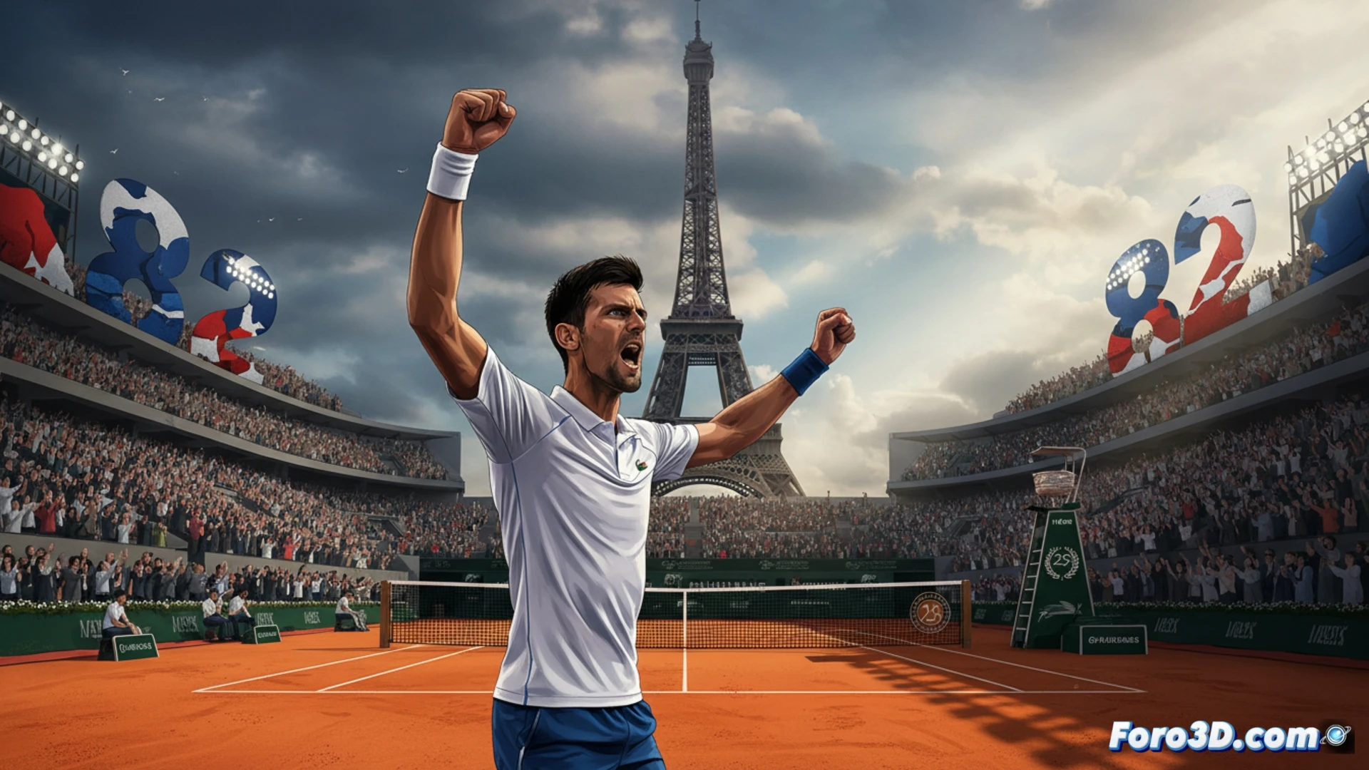 Novak Djokovic mid-swing on red clay, forehand follow-through with intense focus, Philippe Chatrier court backdrop, tennis ball compressing against racket strings, sweat droplets frozen mid-air, scoreboard showing set progression from 5-7 to 6-4, crowd cheering in blurred motion, dramatic sunset golden hour lighting, photorealistic sports photography style, high-speed shutter effect capturing muscle tension and fabric wrinkles, deep shadows contrasting with bright clay dust particles